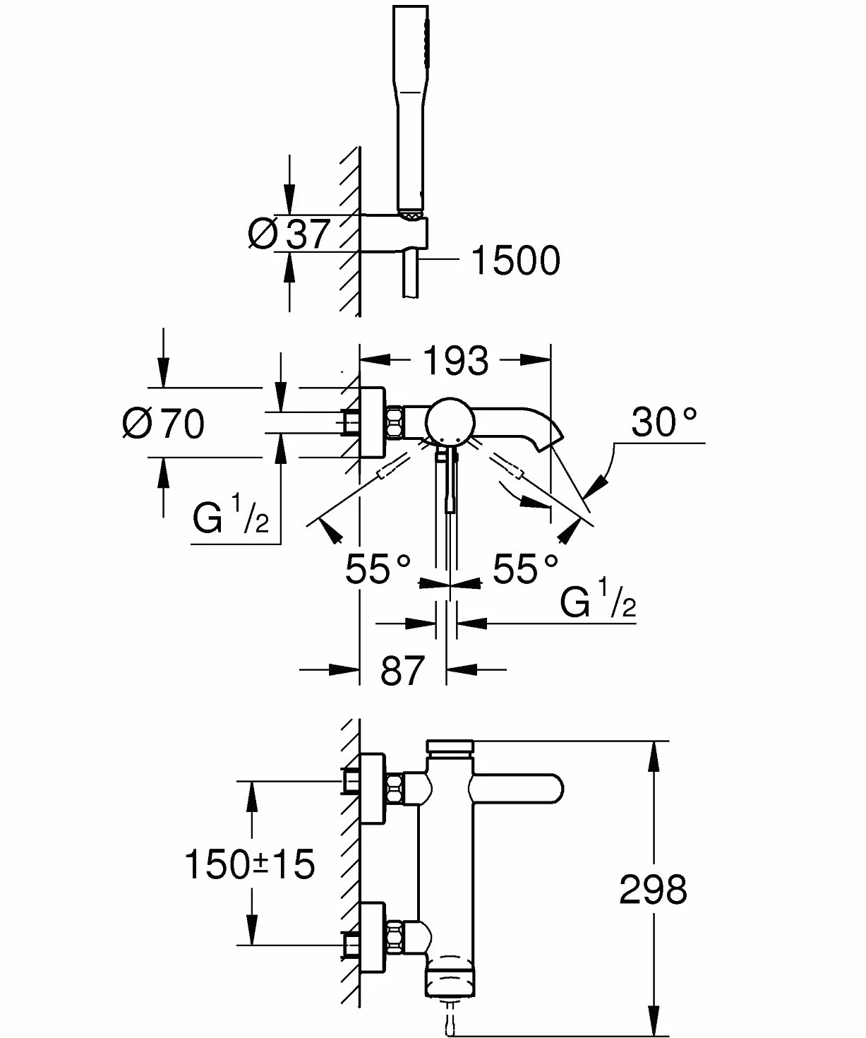 Grohe Essence Bateria Wannowa i Prysznicowa, Srebrny, 16.5 x 36.5 x 20 cm