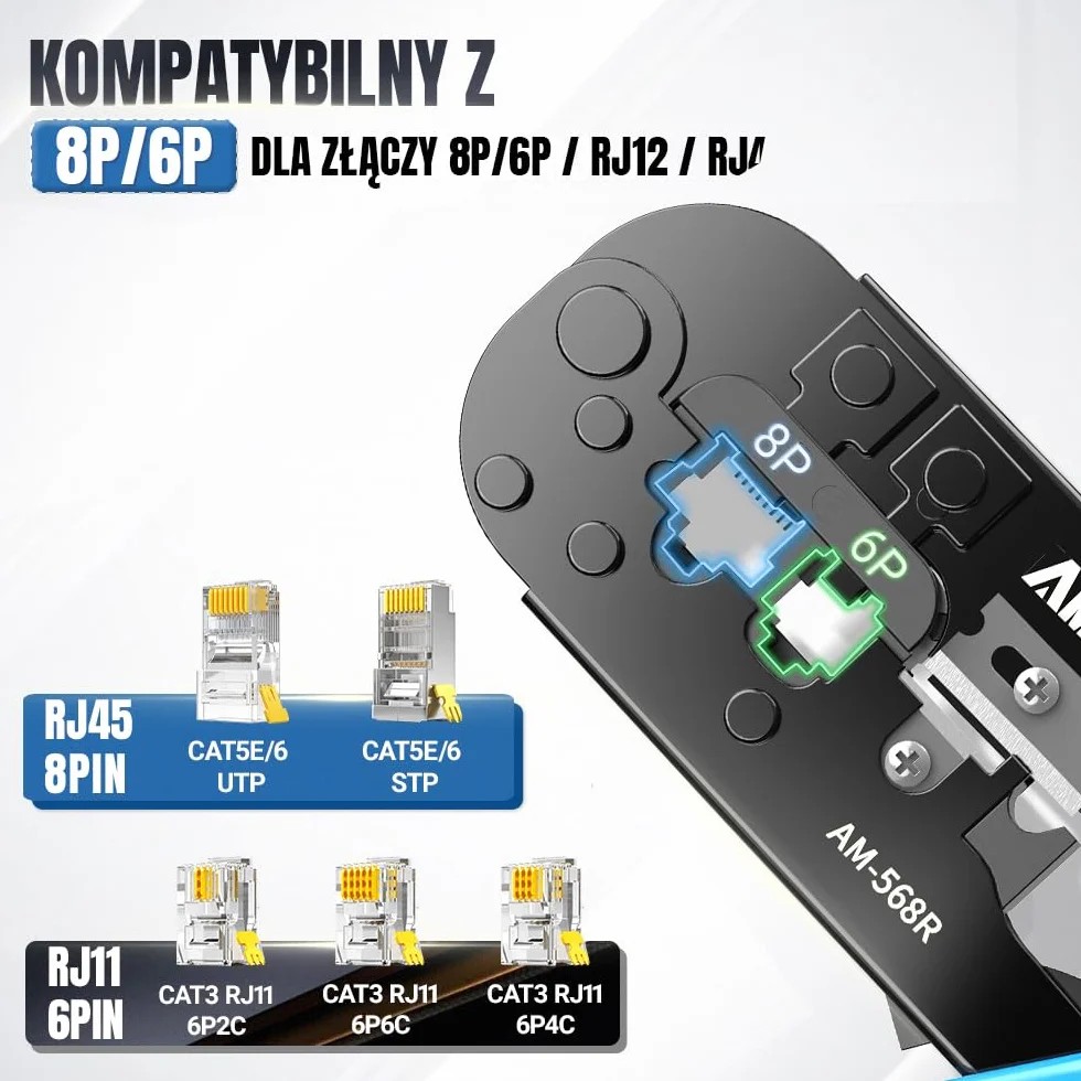 AMPCOM Narzędzie do zaciskania RJ45 Ethernet, 8P/6P-RJ11/RJ12 szczypce z grzechotką