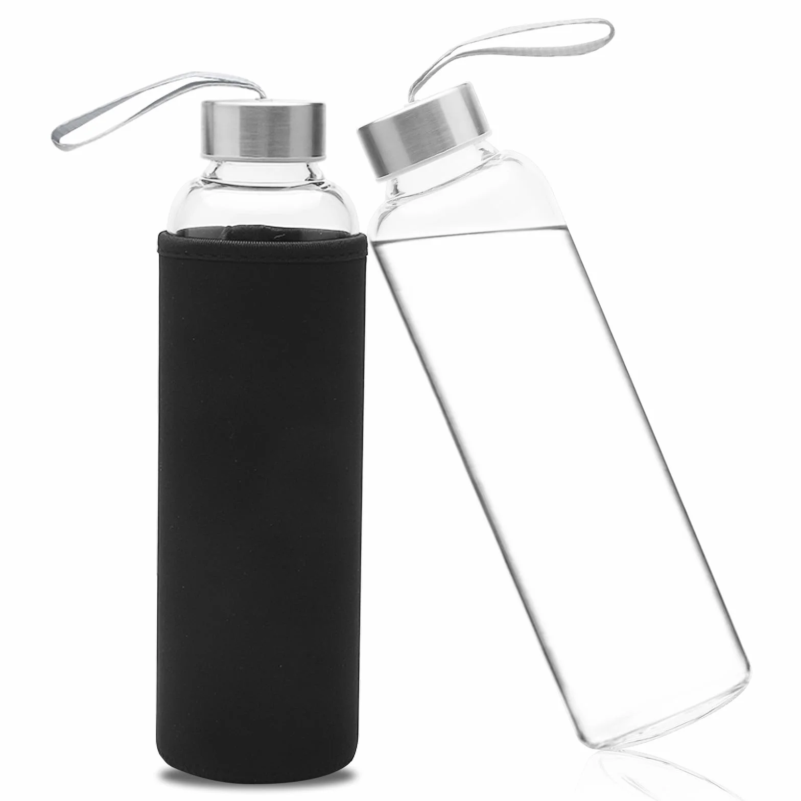 Szklana butelka 550 ml, butelka na wodę, ze szkła z pokrowcem z neoprenu, z pokrowcem ochronnym i pokrywką ze stali nierdzewnej, szklana butelka do picia, do uprawiania sportu, biura, szkoły i