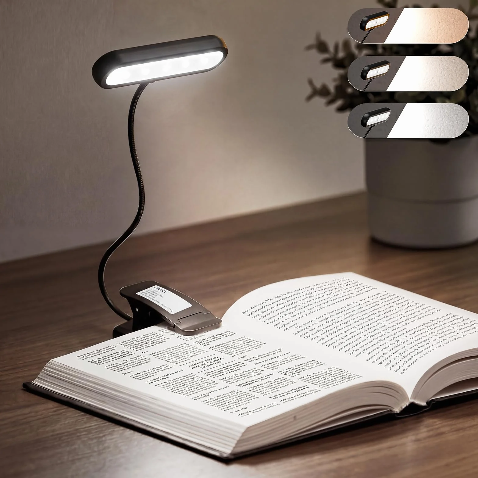 LQWELL Lampa do czytania LED z klipsem, 3 temperatury barwowe, 10 poziomów jasności, ochrona wzroku