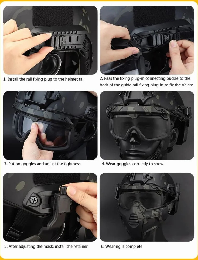 Kask FAST z ochronnymi okularami do jazdy z odpinaną maską na twarz, pasuje do Airsoft, paintballu, imprezy na Halloween