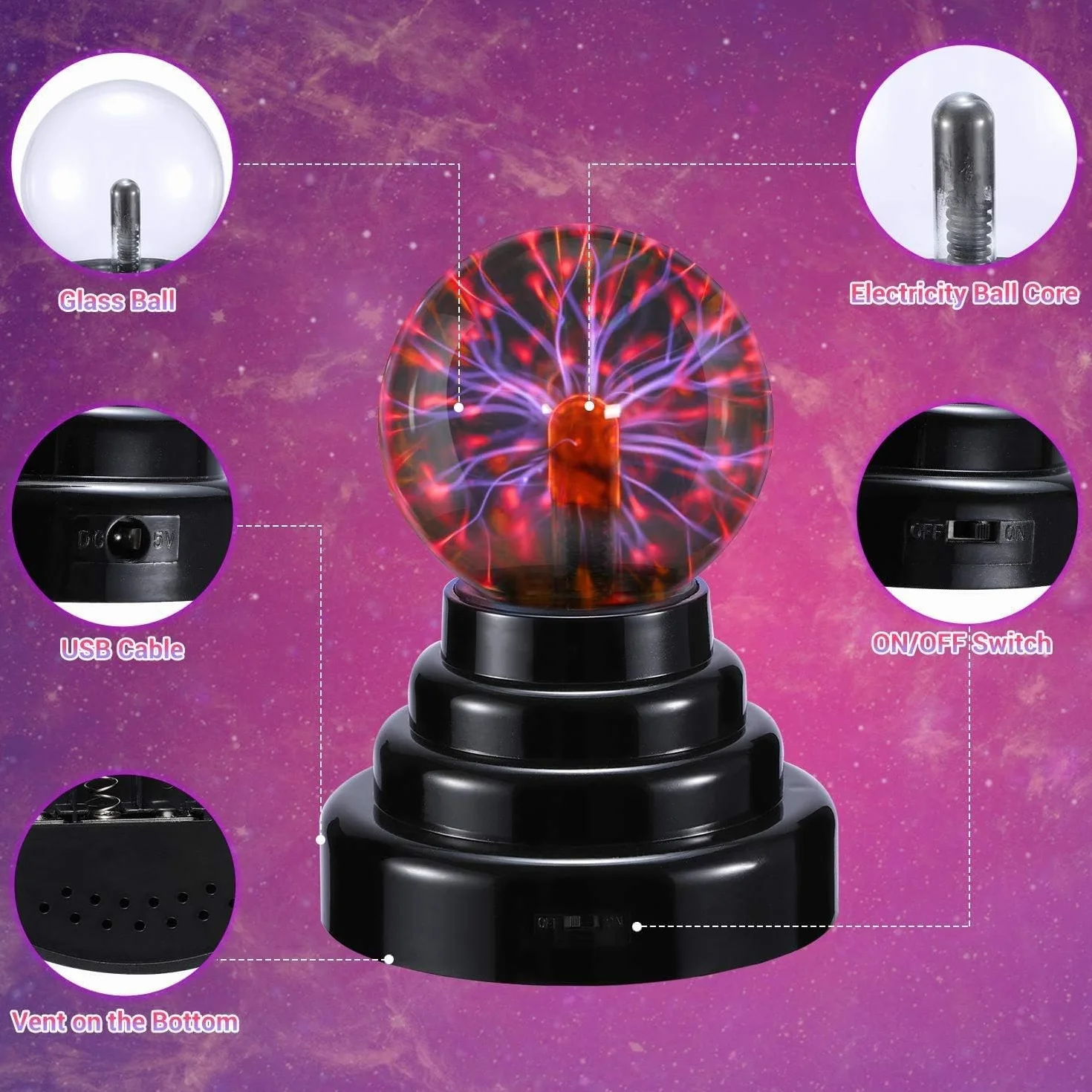 Theefun Kula plazmowa 7,5 cm, lampa plazmowa USB/bateria, wrażliwa na dotyk, efekt błyskowy, zabawka dekoracja dla dzieci