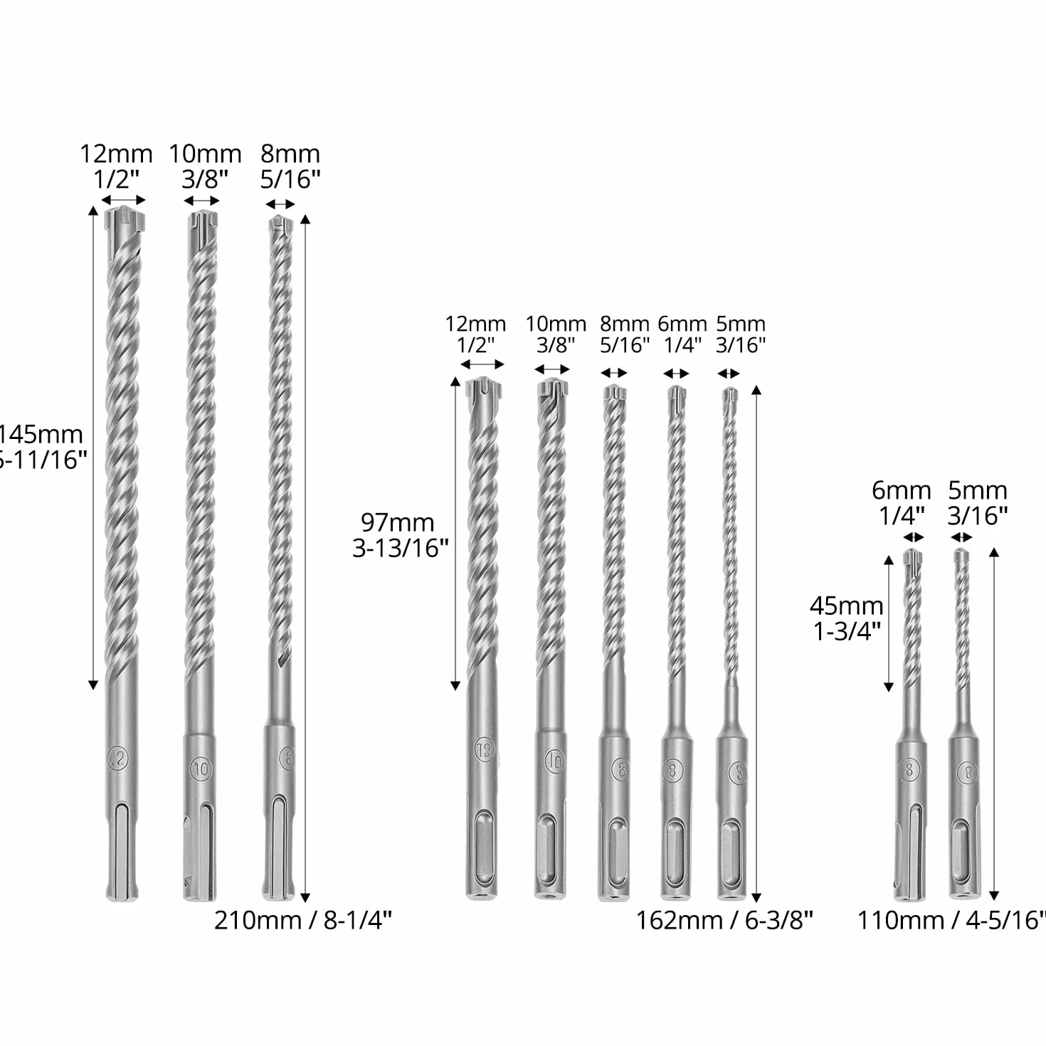 QWORK zestaw wierteł SDS Plus 4-ostrzowy 10 sztuk Ø 5-12 mm długość 110-210 mm
