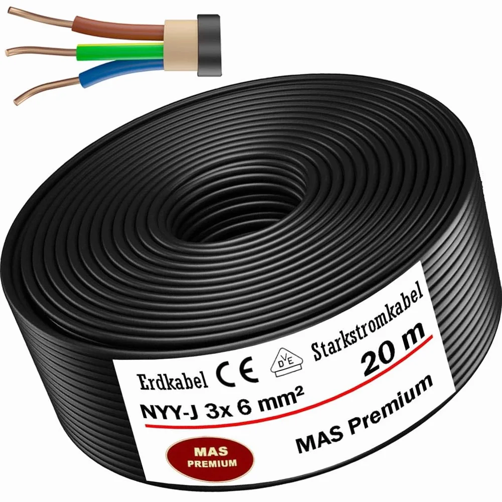 MAS-Premium® NYY-J 3x6 mm² 20 m Ziemny Kabel Elektryczny Zasilający