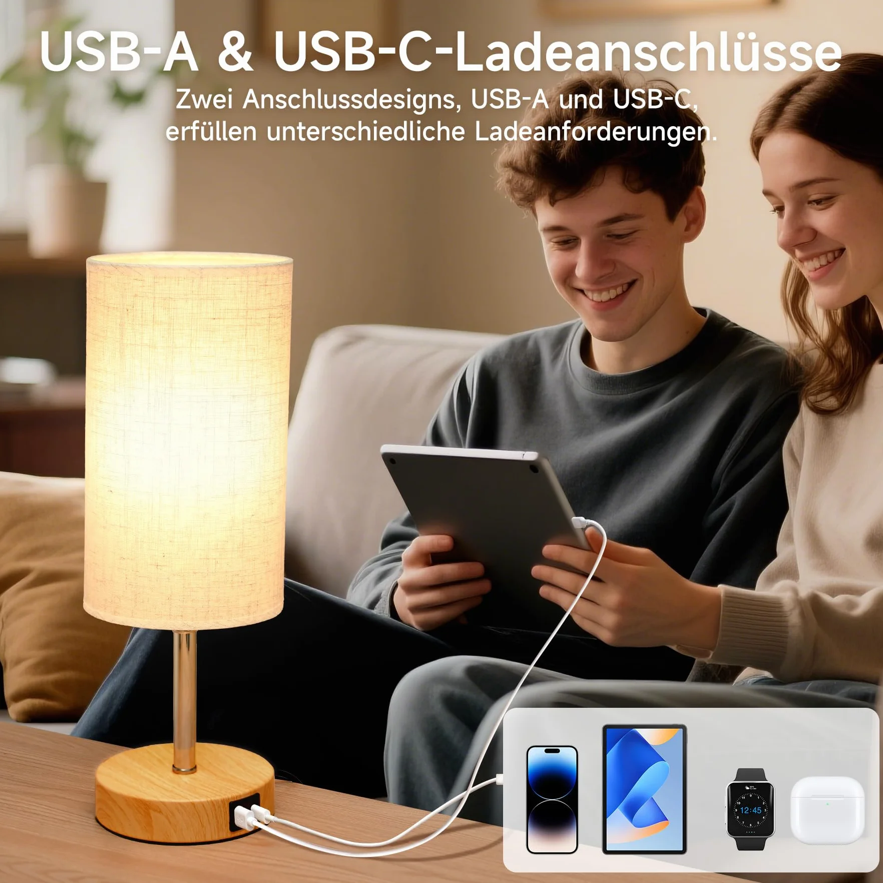 Görvitor Lampka nocna dotykowa ściemniana zestaw 2 sztuk lampa stołowa z portami USB A/C abażur lniany 3 poziomy jasności