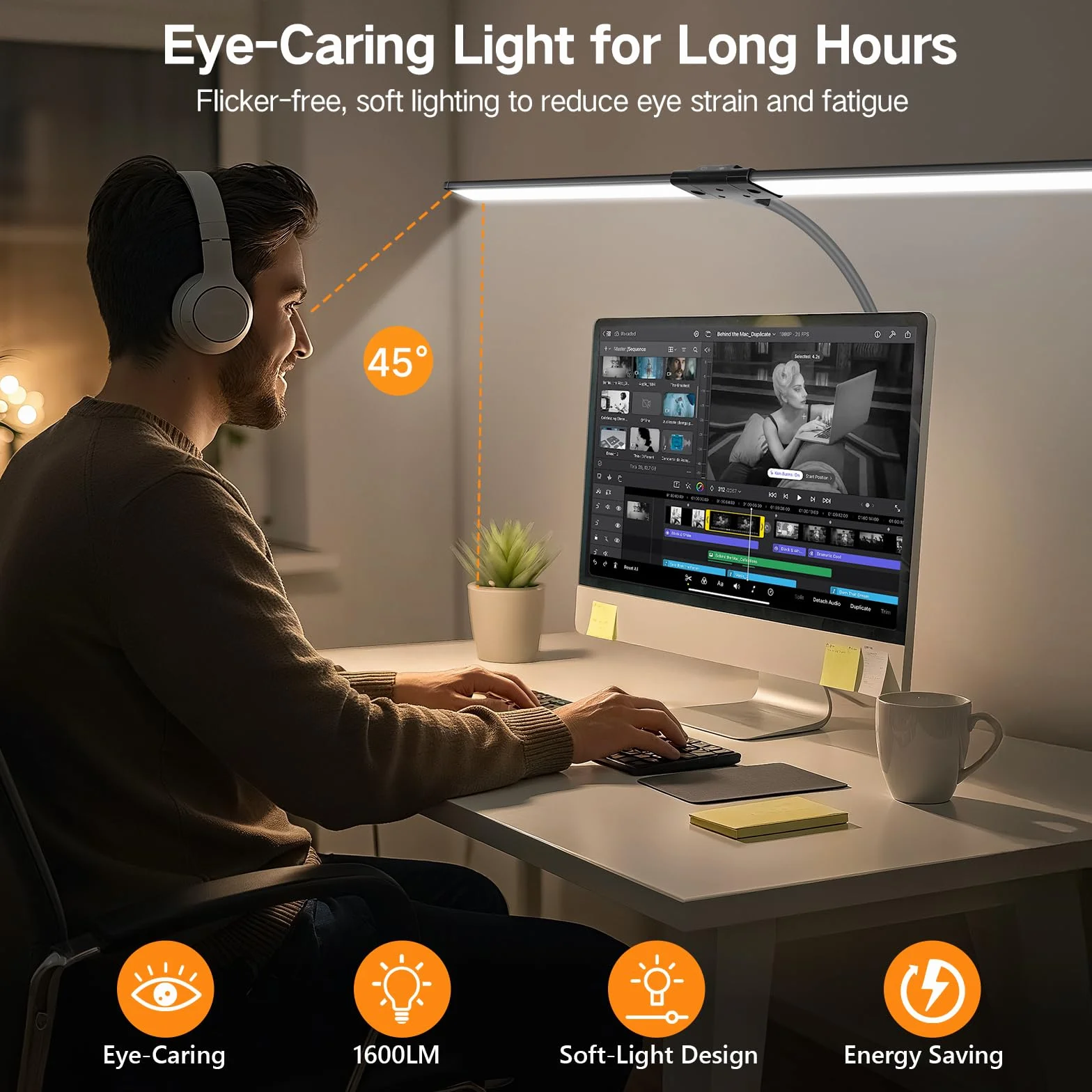 OUTON 85,5 cm Podwójna Głowica LED Lampa Biurkowa 24W Dotykowe Sterowanie Ochrona Oczu Czarna
