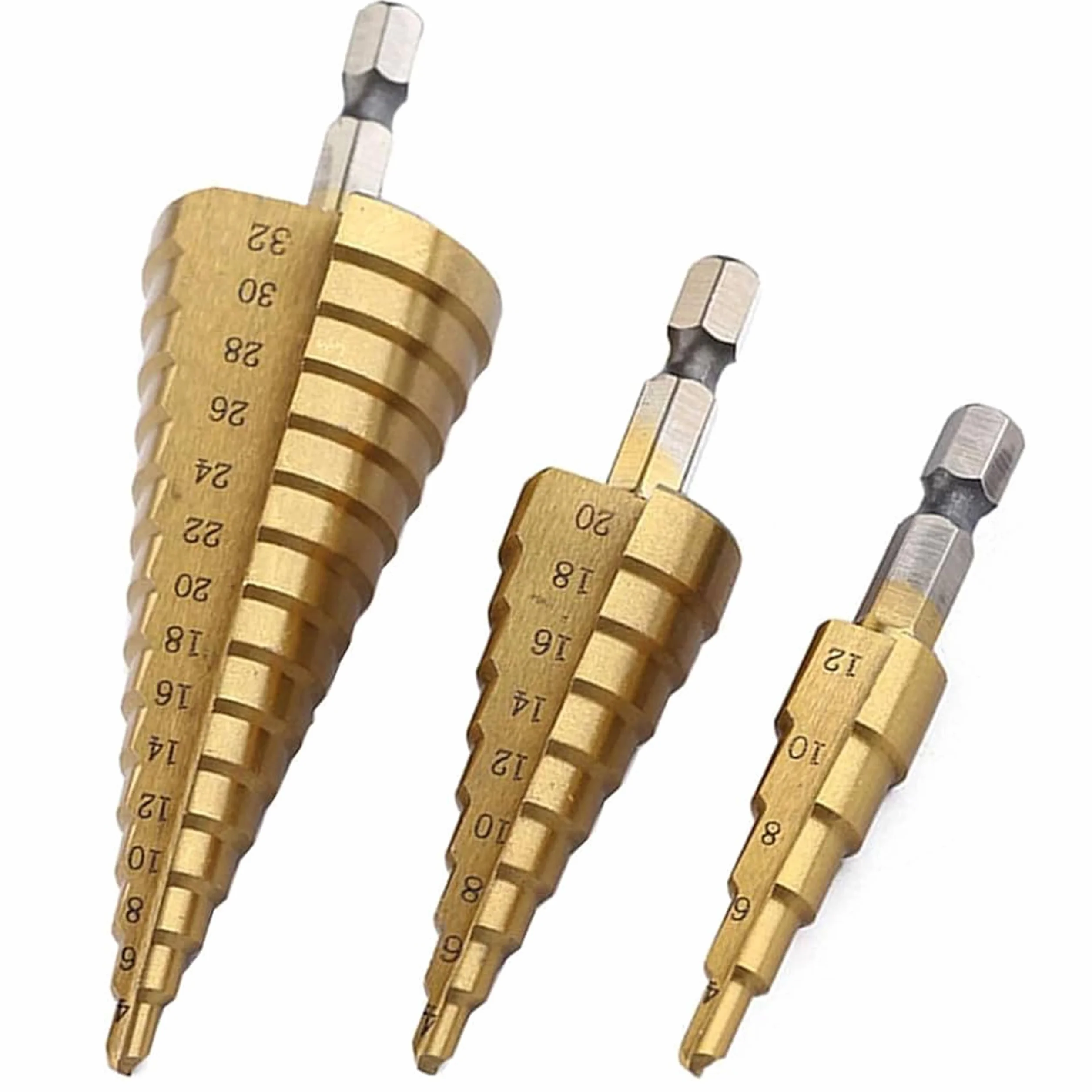 Zestaw 3 wierteł stopniowych HSS 4-32 mm, powlekane tytanem, trzpień sześciokątny 6 mm