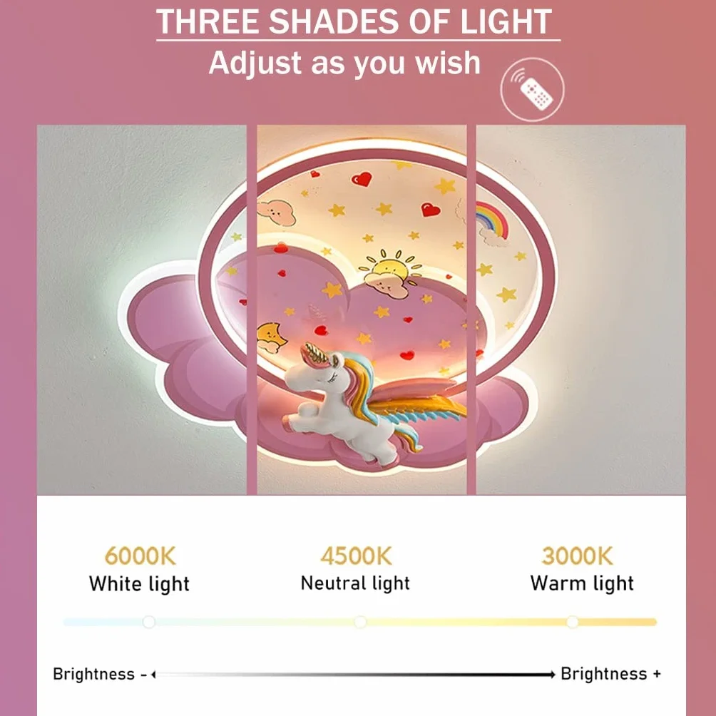 Lampa Sufitowa LED Różowa Dekoracyjna z Pilotem 3000K-6000K Klosz Chmurowy Ściemnialny Kształt Jednorożca Żyrandol