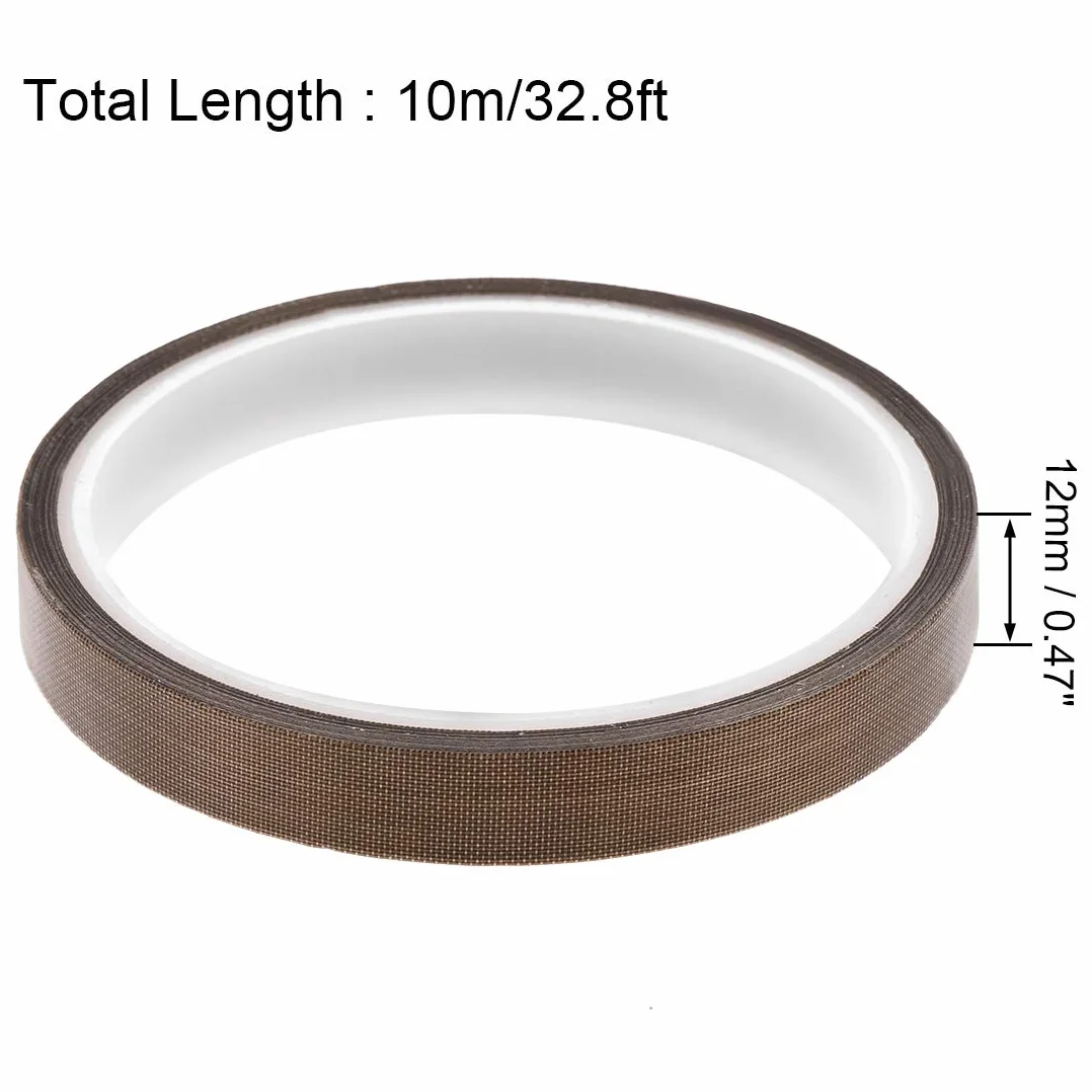 sourcing map 12 mm tkanina powlekana PTFE brązowa taśma o wysokiej temperaturze do ręcznego próżniowego i uszczelniaczy impulsowych taśma klejąca 10 m/32,8 stopy