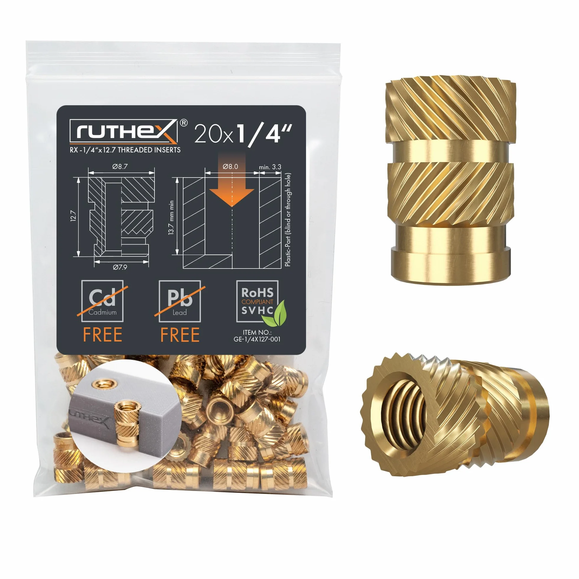ruthex Wkładka gwintowana 1/4" 20 sztuk RX-1/4"-20x12,7 tuleje gwintowane z mosiądzu do druku 3D