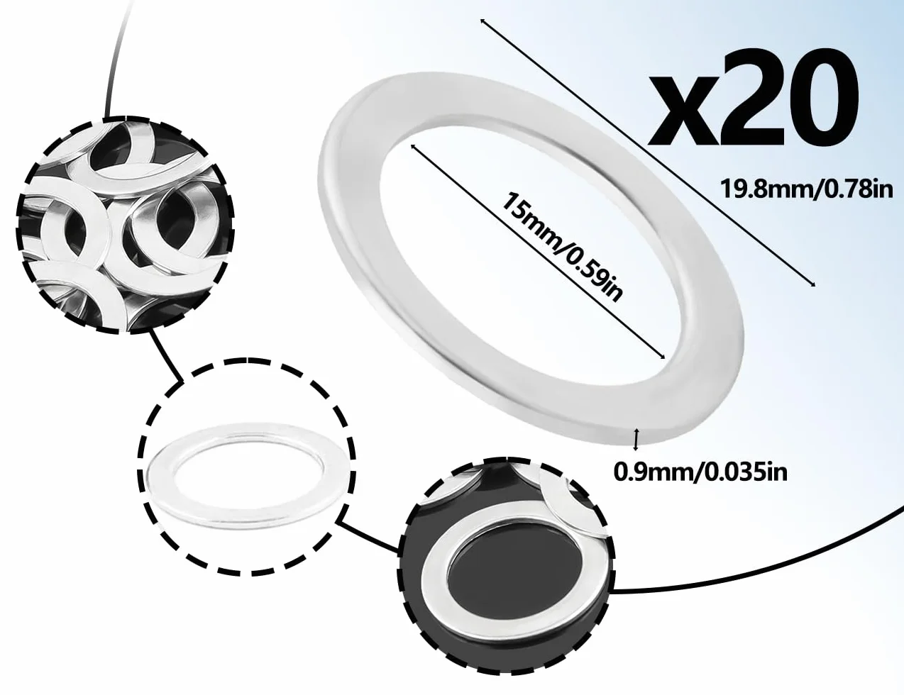 Podkładki ze stali nierdzewnej, 20 sztuk, śruby płaskie, pierścienie mocujące 19.8 mm, na zewnątrz o grubości 15 mm, do wewnątrz i 0.9 mm, kompatybilne z rowerami górskimi (srebrne)