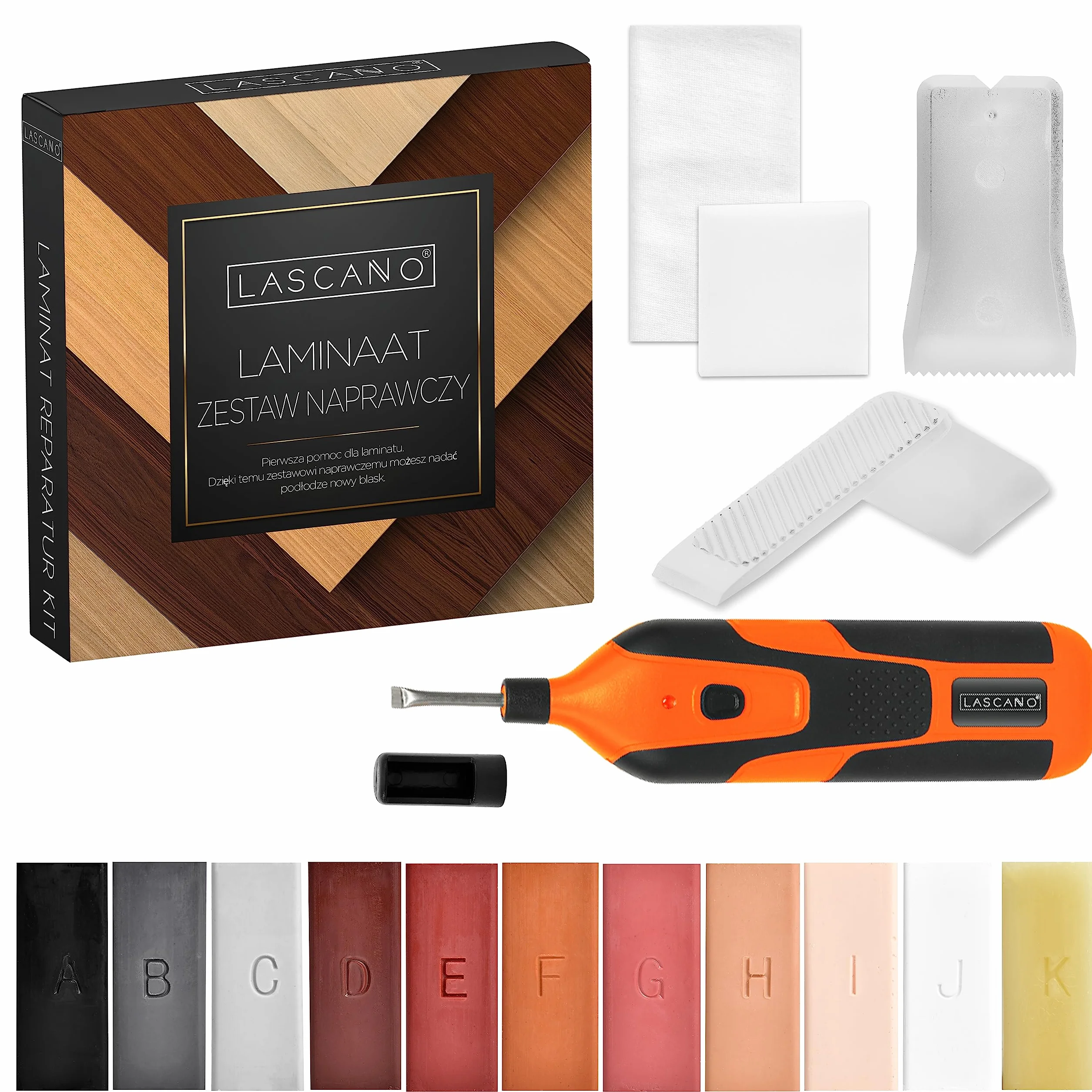 Lascano Zestaw do naprawy laminatów Topielnik do wosku USB Szpachlówka do drewna 11 sztyftów twardego wosku