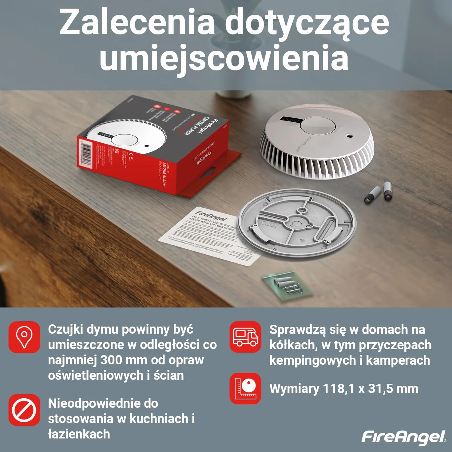 Fire Angel Optyczny Czujnik Dymu FA6611-INT Wymiennymi Bateriami Detektor Przeciwpożarowy Zamiennik ST-623E