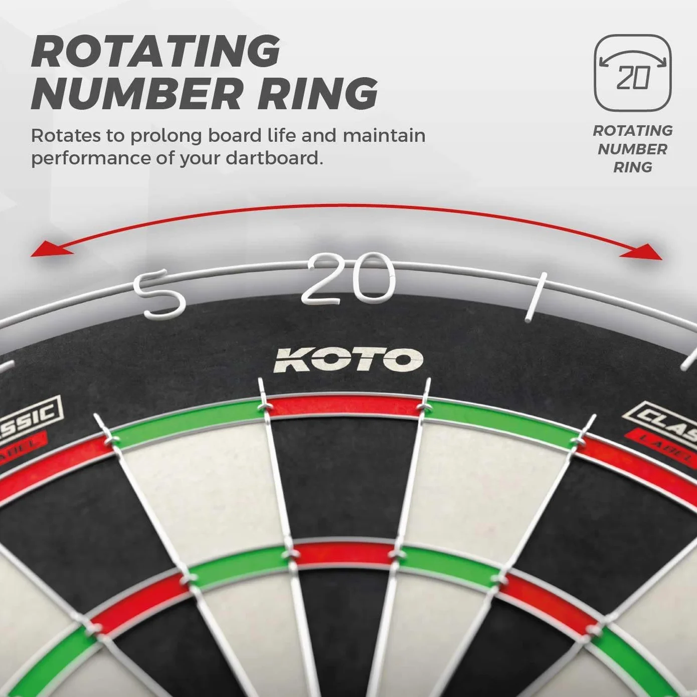 Tarcza KOTO King Classic Edition, zestaw darta bez zszywek, oficjalne wymiary turniejowe, cienkie okablowanie, pierścień z numeracją czerwonego, długa żywotność, wysokiej jakości sizal.