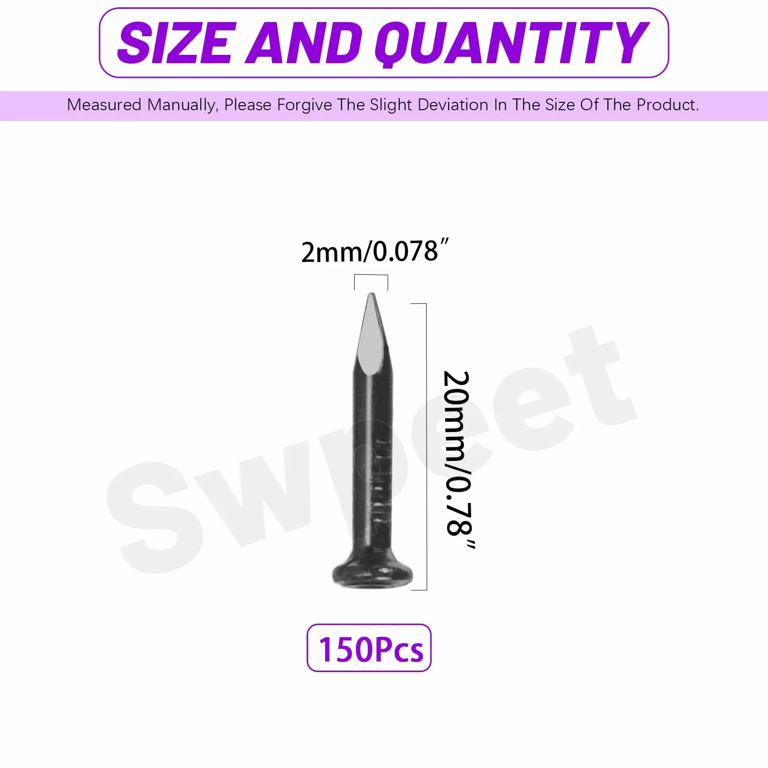 Swpeet Zestaw 150 szt. czarnych gwoździ 3/4", gwoździe stalowe, 2 x 20 mm ocynkowane gwoździe, małe gwoździe uszlachetniające, gwoździe ścienne, gwoździe drewniane, gwoździe do kamienia betonowego