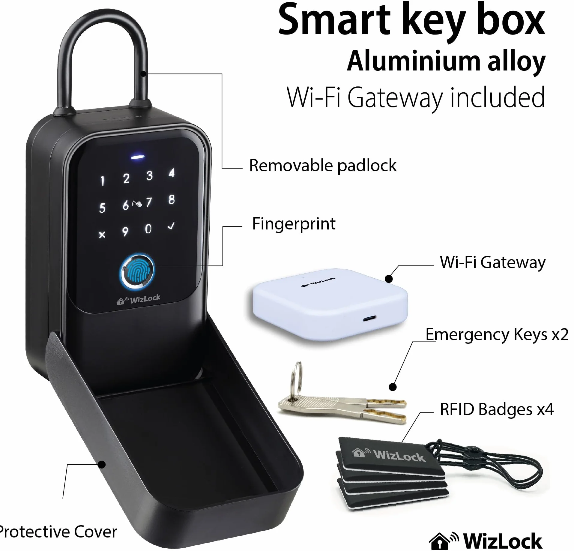 Podłączona skrzynka na klucze - Internet przez Tuya i bramę Bluetooth/Wi-Fi 2.4 GHz - Metody: Smartphone, kod, odcisk palca, karty RFID (4) + klucze awaryjne (2) - IP65