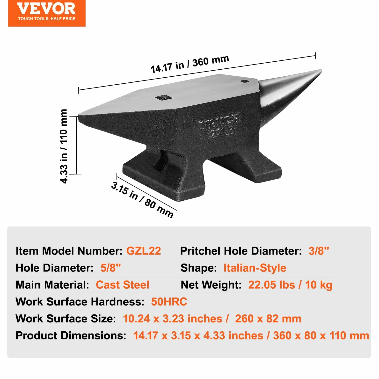 VEVOR Kowalskie kowadło 10 kg stalowe z pojedynczym rogiem 260 x 82 mm twardość 50HRC
