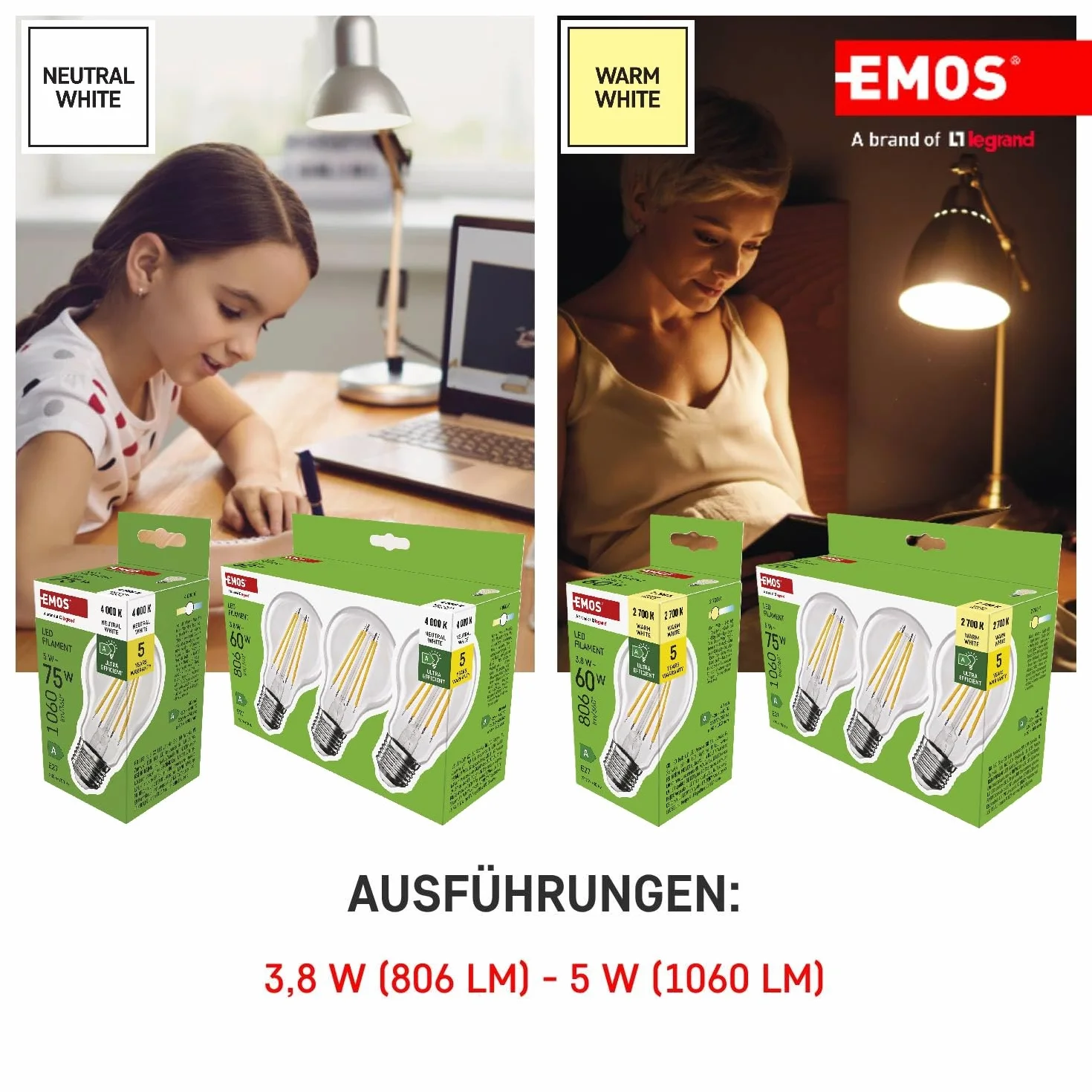 EMOS Lampa LED Edison A60 5W zamiennik żarówki 75W E27 1060 lm 2700 K 50000 h CRI 80 kąt 300°