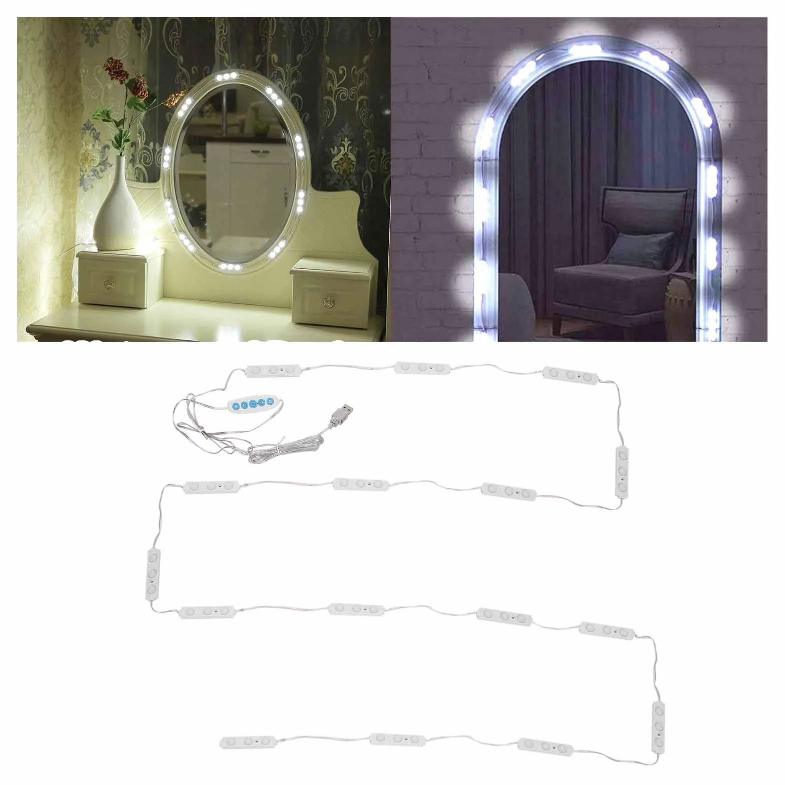 Lampa lustrzana LED, DIY hollywoodzki styl, światła do makijażu, zimna biel, kolor światła, ściemniany pasek świetlny, USB pasek świetlny do makijażu