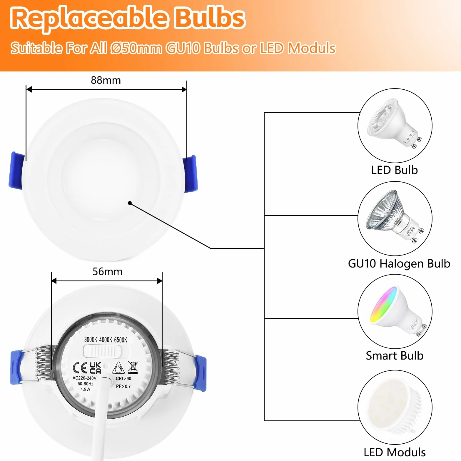 Reflektor LED do zabudowy ściemnialny 5 W IP65 68 mm 500 lm 3000 K 4000 K 6000 K wpuszczany łazienkowy