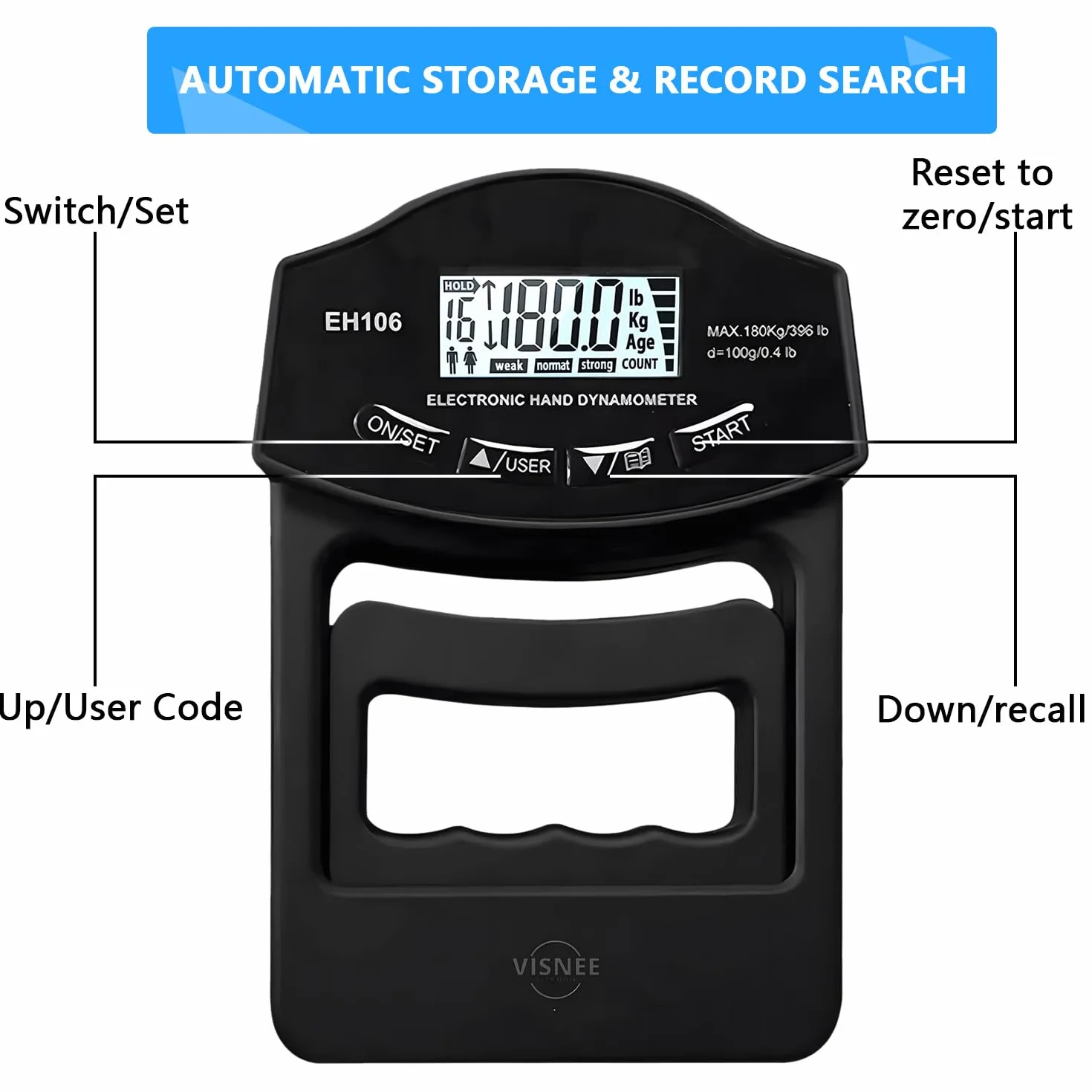 Cyfrowy miernik siły ręcznej 180 kg, dynamometr ręczny z dużym ekranem LED, USB