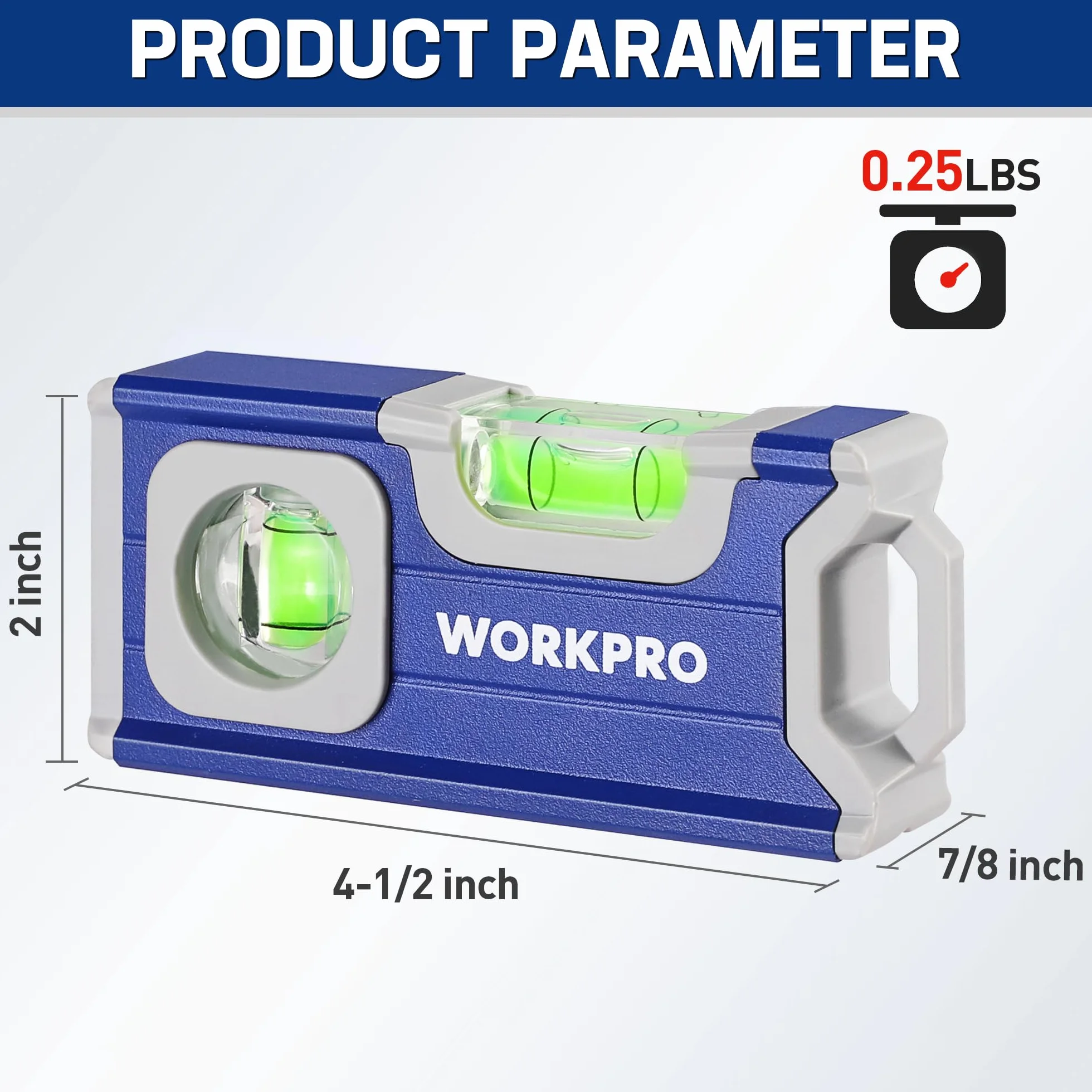 WORKPRO Poziomica magnetyczna 115 mm, mini z 2 fiolkami 90°/180°, otwór do zawieszenia, stop aluminium, mocny magnes