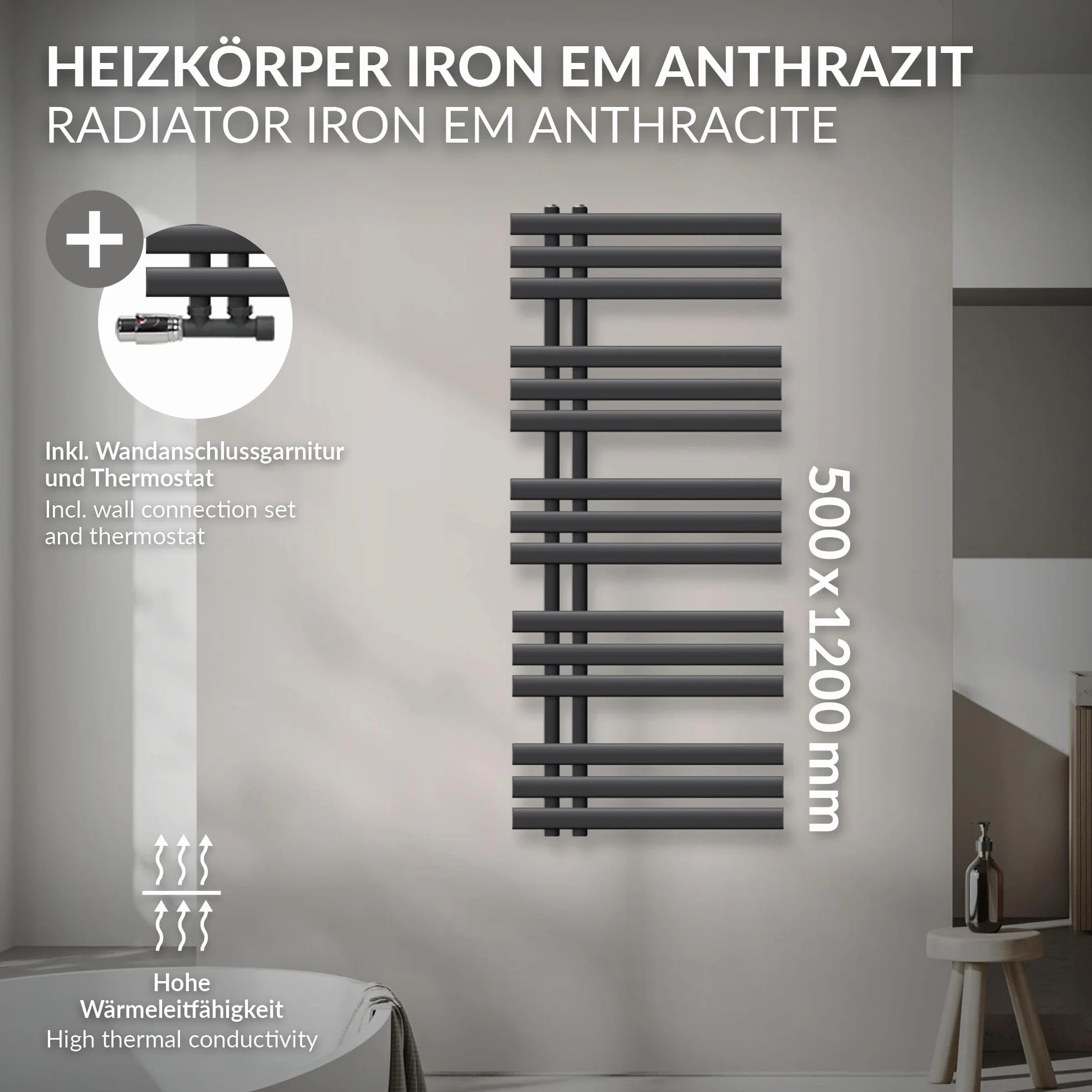 LuxeBath grzejnik lazienkowy Iron EM 500x1200 mm antracyt centralne podlaczenie z zestawem przylaczeniowym i termostatem