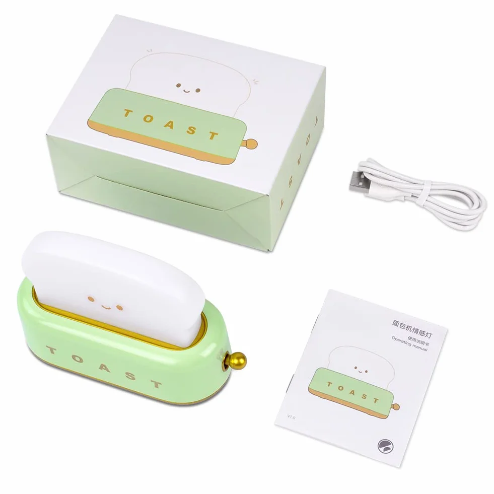 URAQT Lampka nocna dla dzieci w kształcie tostera, przenośna, USB, z zegarem, zielona
