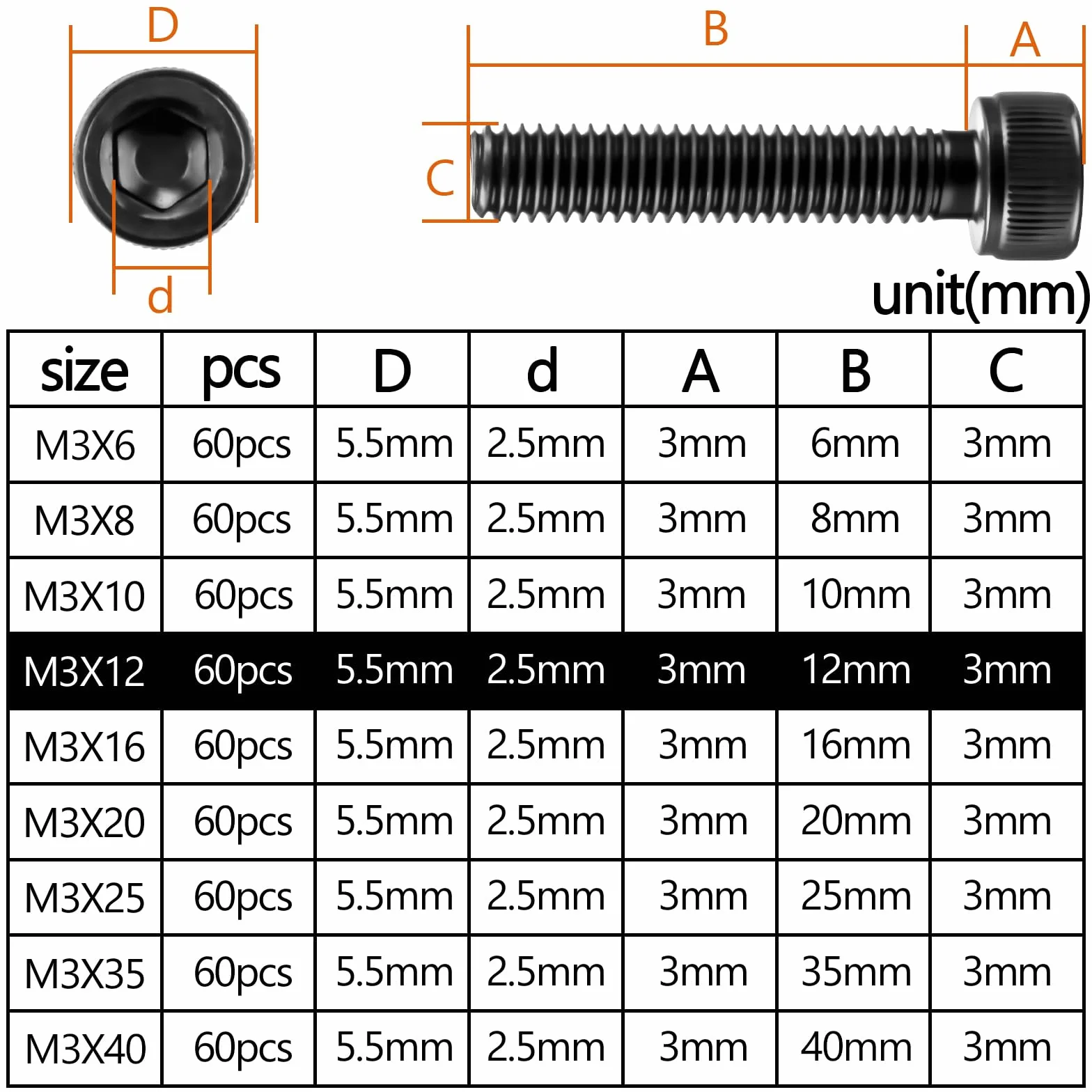 Śruby sześciokątne M3 x 12 mm ze stali węglowej, pełny gwint, 60 sztuk