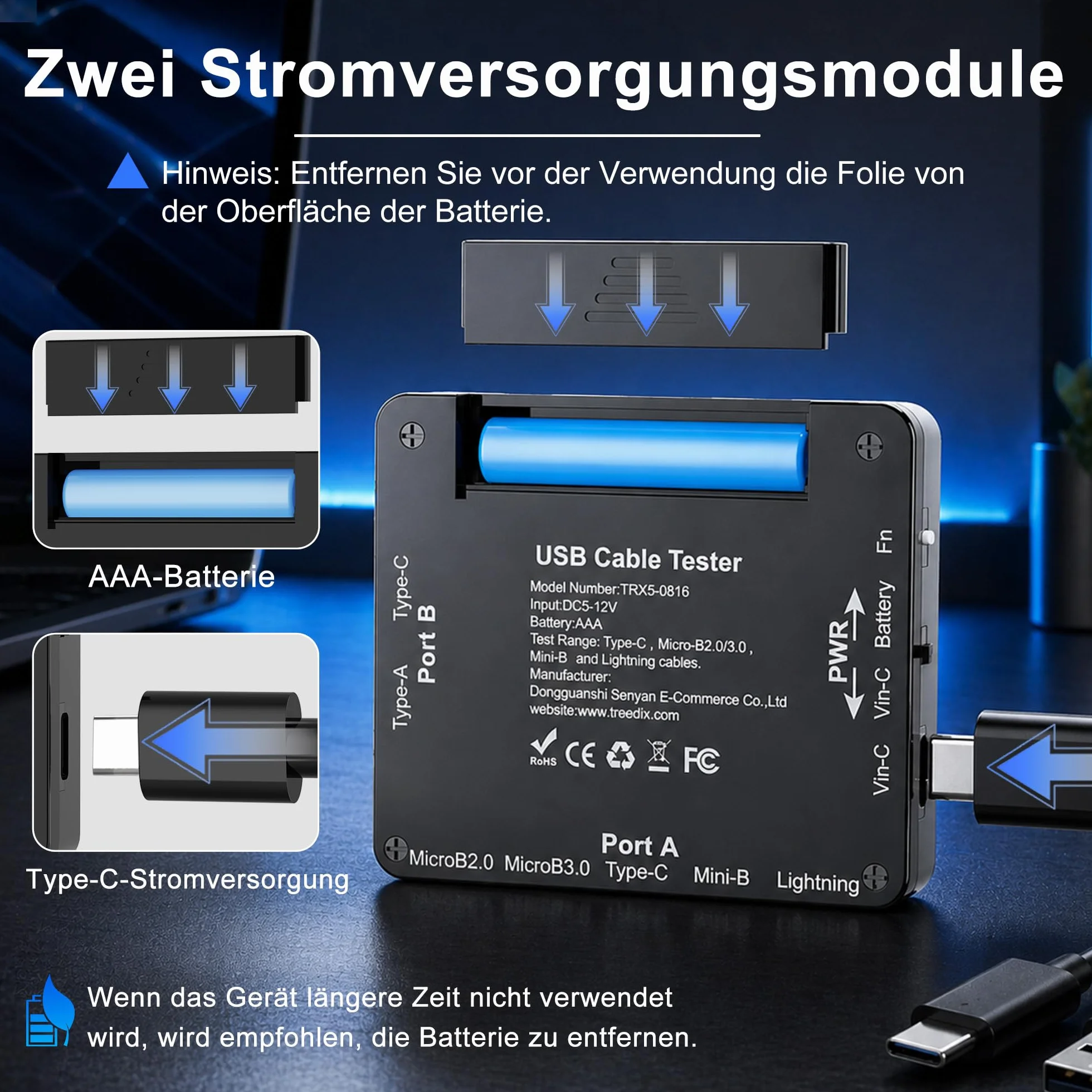 Treedix Tester kabli USB-C 2,4-calowy wyświetlacz LED tester USB obsługuje testy kabli rezystancji Type-C eMarker