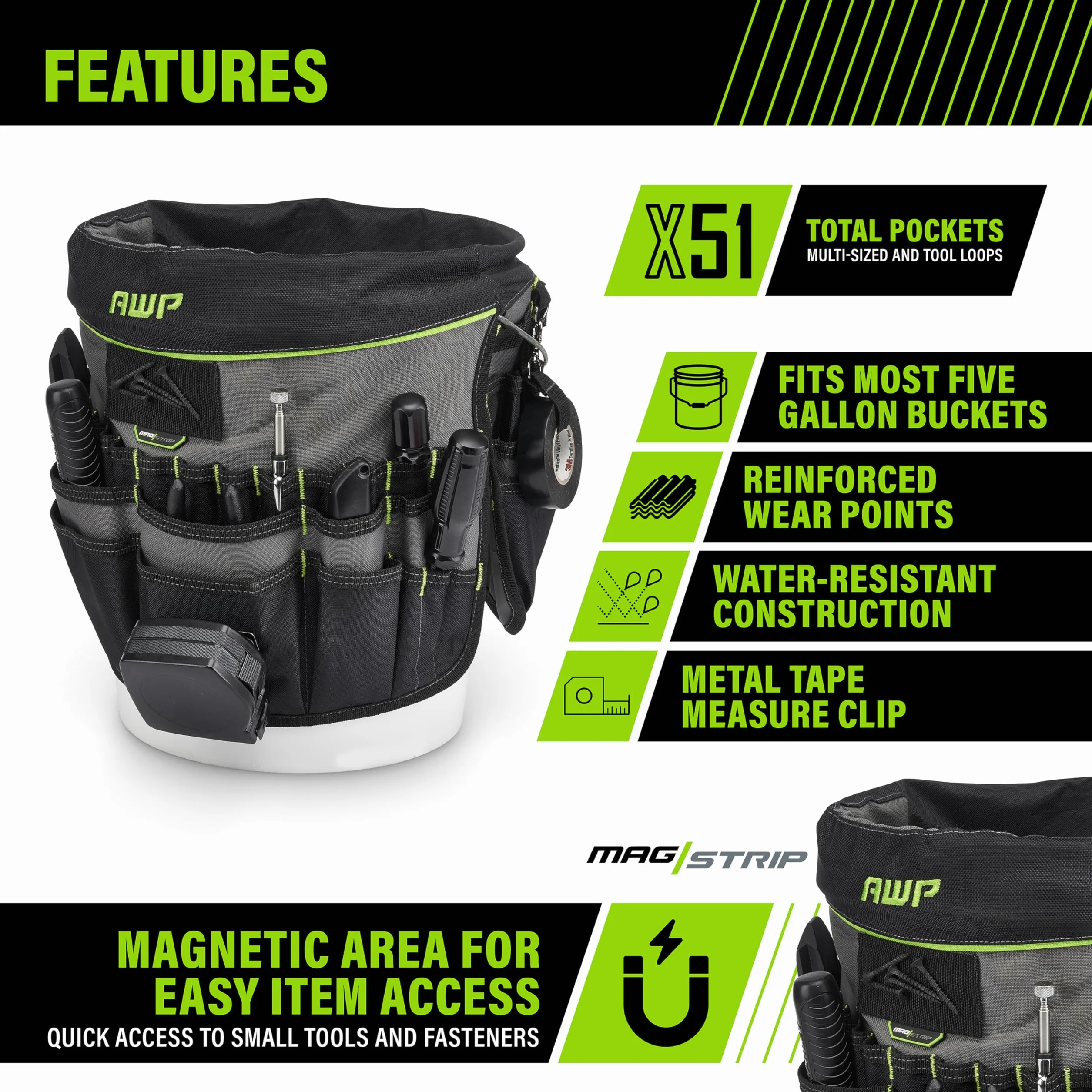 AWP 51-Pocket Bucket Tool Organizer Water-Resistant for 5-Gallon Buckets