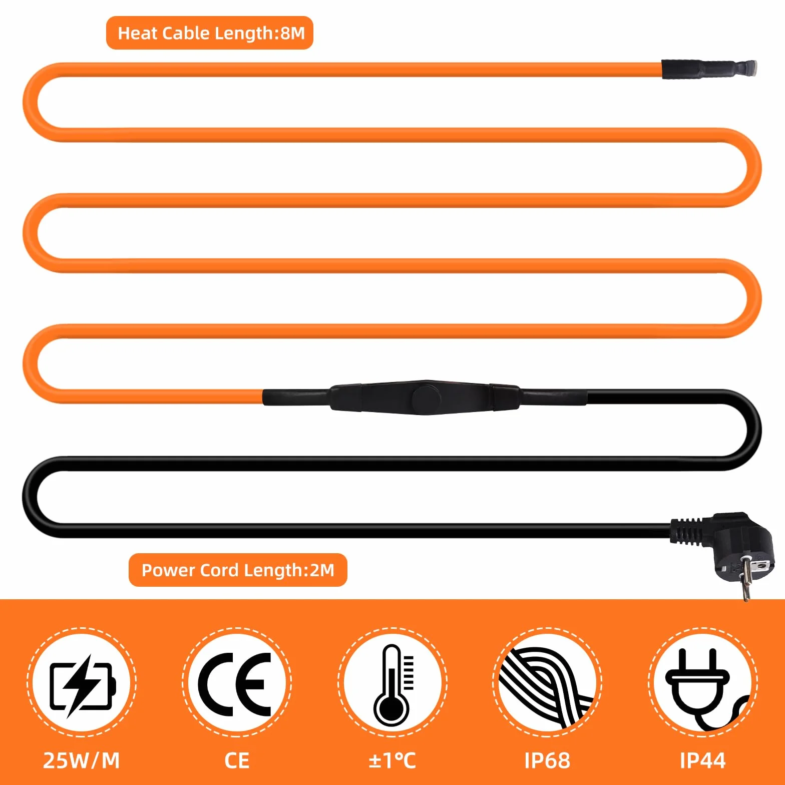 Samoregulujący kabel grzewczy 25 W/m 8 m 230 V IP65 do rynien i rur wodnych
