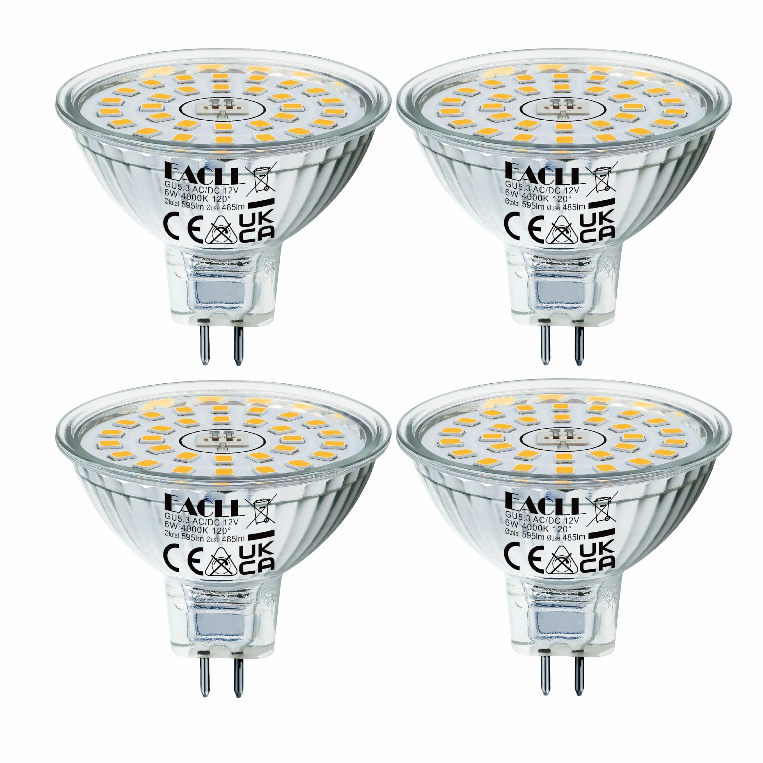 EACLL GU5.3 LED 4000K 6W MR16 50W zastępuje 4 szt. neutralna biel 485 lumenów AC/DC 12V bez migotania kąt 120° punktowy