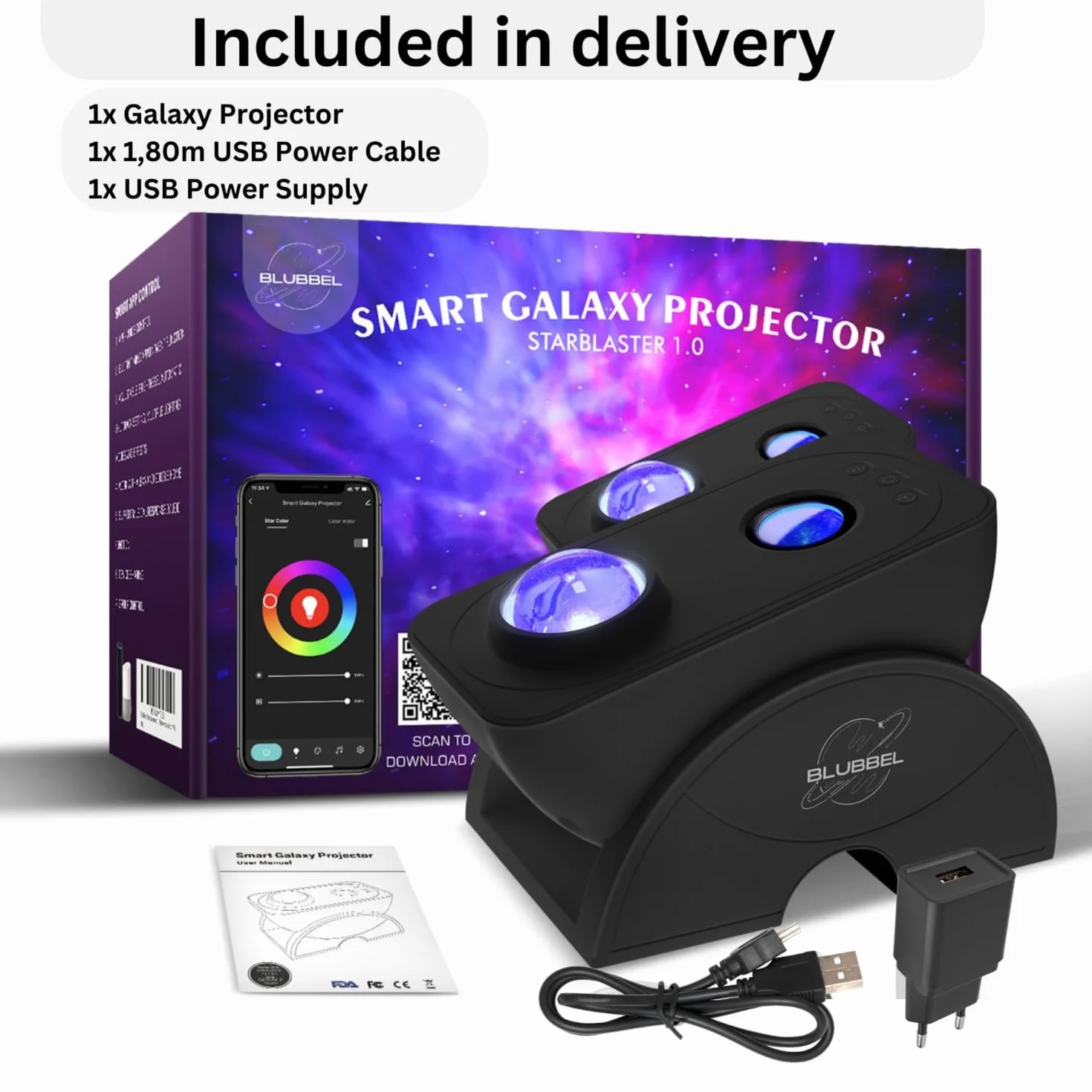 Blubbel Projektor LED gwiaździstego nieba, projektor gwiazd WLAN, lampa nocna 3D Galaxy, sterowanie za pomocą aplikacji / głosu, projektor gwiazd, galaktyka, kompatybilna z Alexa/Google, dla niemowląt