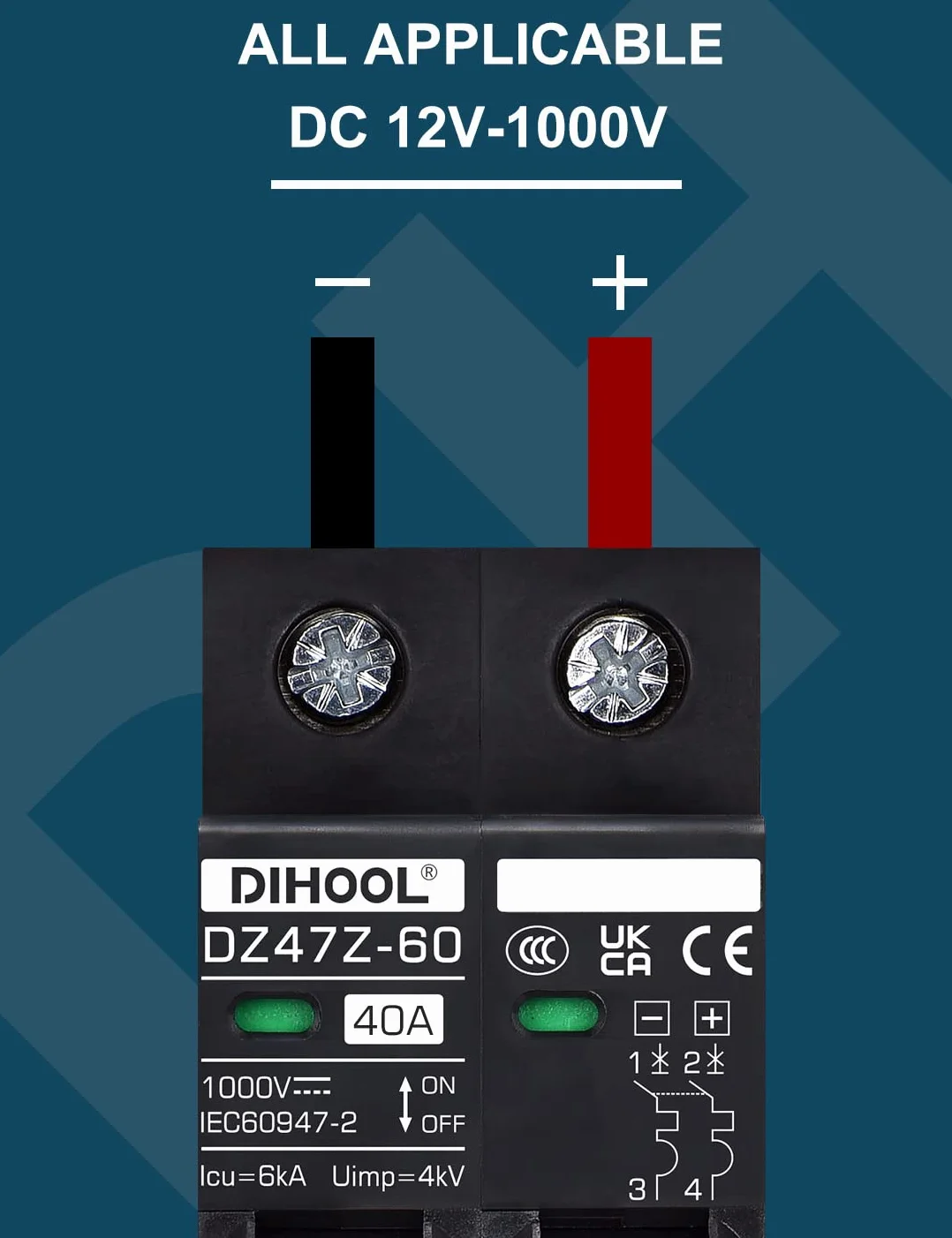 DIHOOL Wyłącznik 1000VDC Solar PV Bezpiecznik fotowoltaiczny 2 Pole 40 Amp