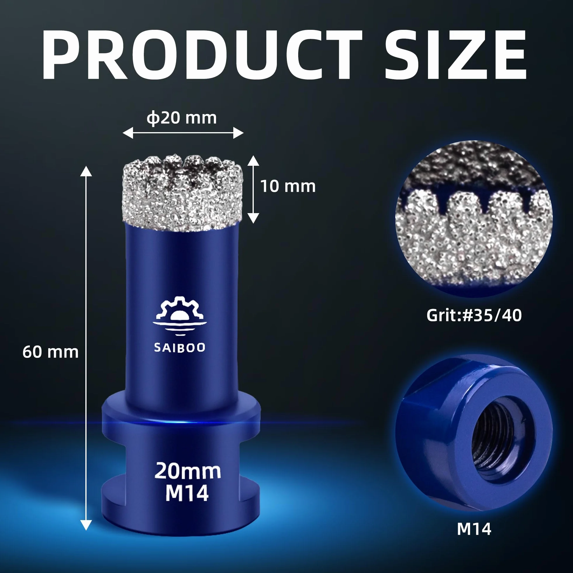 Diamentowe Wiertło Rdzeniowe 20mm Gwint M14 do Płytek Ceramiki Granitu Marmuru