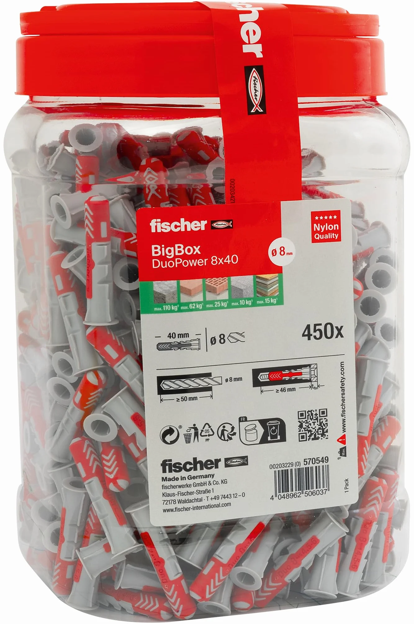 Fischer DuoPower 8 x 40 BigBox 450 sztuk uniwersalne kołki 2-komponentowe do betonu cegły kamienia płyt gipsowych