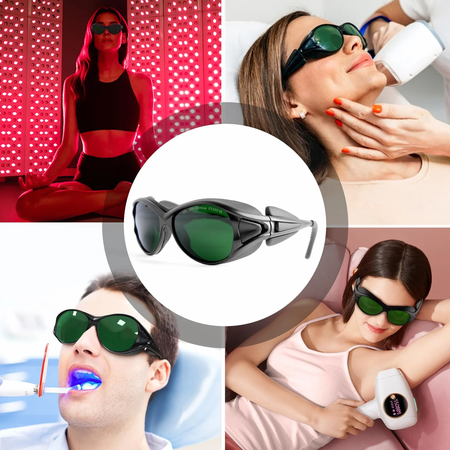 MCWlaser Okulary ochronne do terapii światłem czerwonym i niebieskim LED, UV400, 200-2000 nm, IPL, laserowe