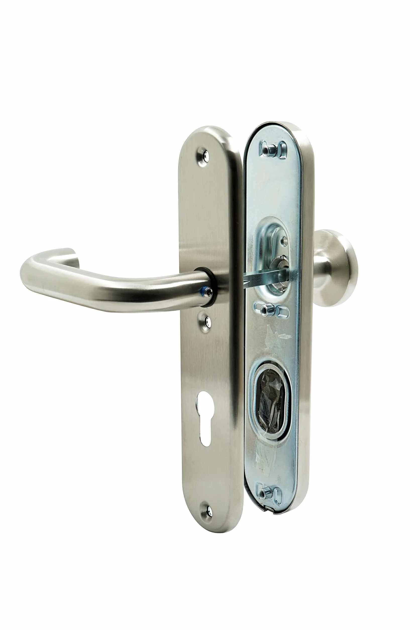 Okucie ochronne drzwi wejściowe cylinder profilowy szyld 72 mm stal szlachetna zestaw klamek