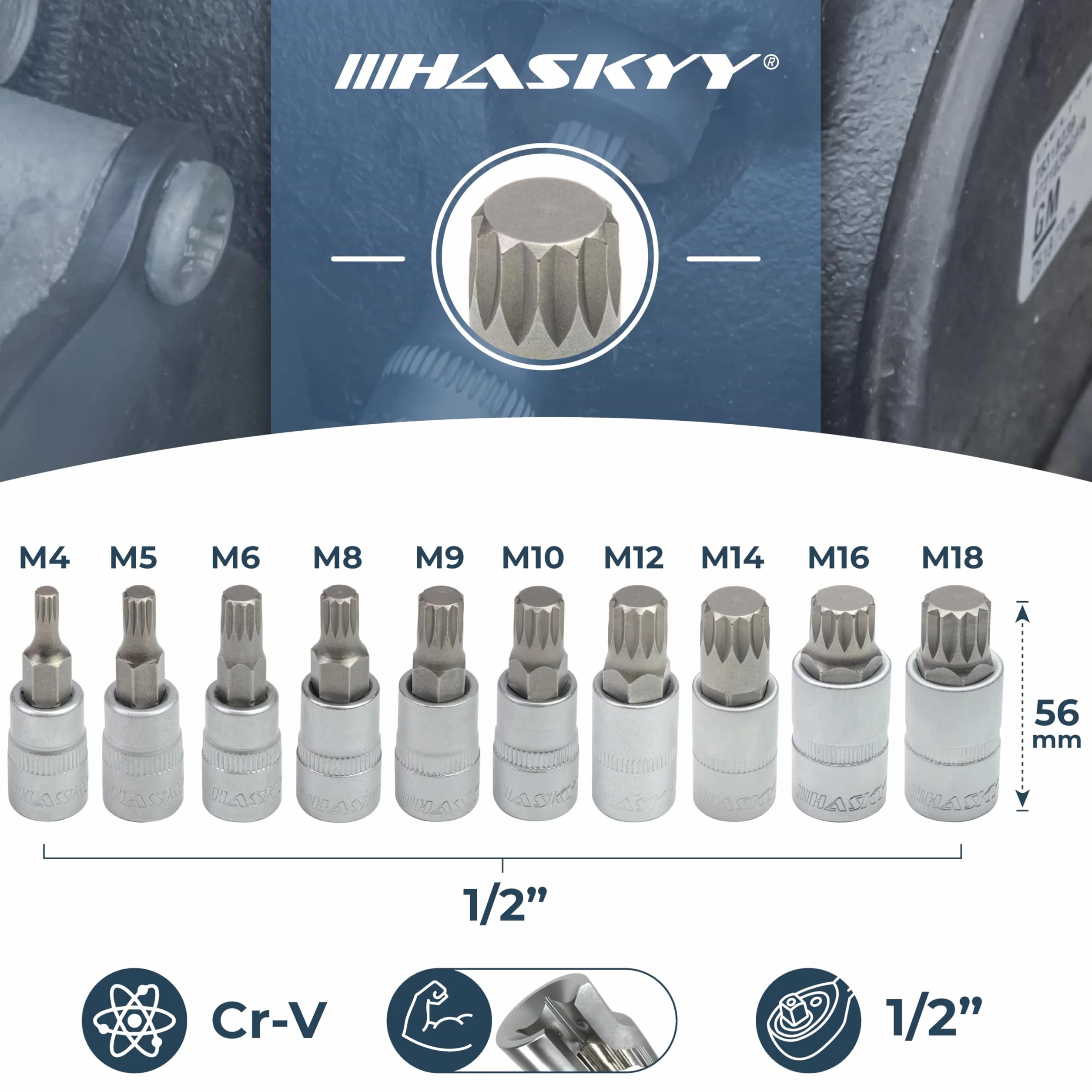 HASKYY Torx XZN 24-częściowy zestaw kluczy nasadowych T8-T70 M4-M18 1/4" 3/8" 1/2"