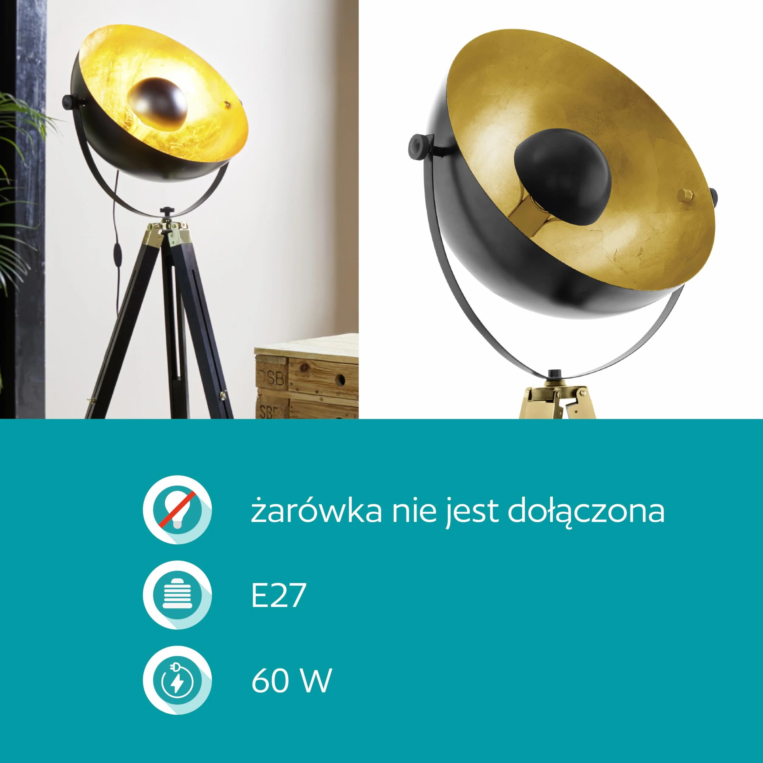 EGLO lampa podłogowa drewno stal 60 W czarny mosiądz złoty