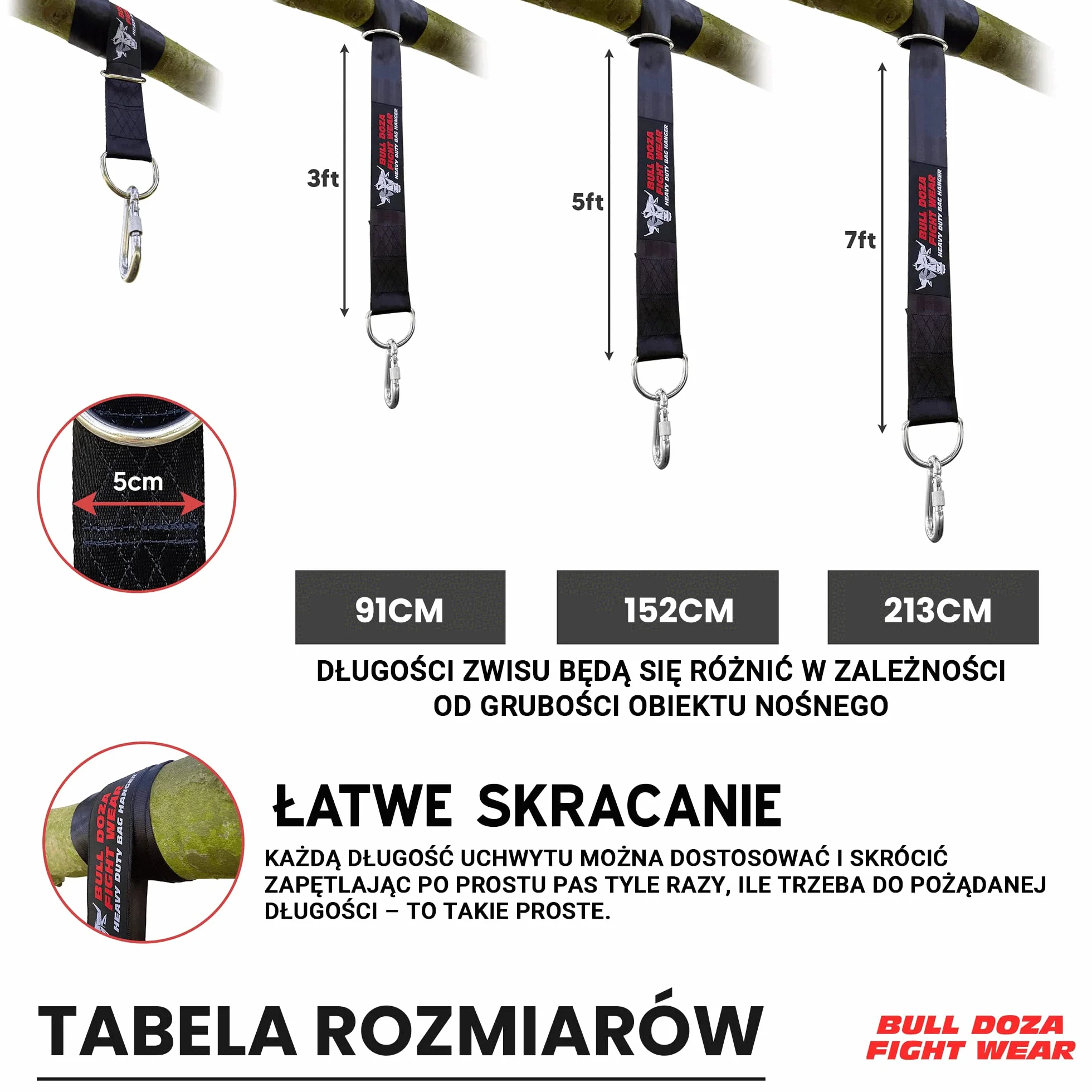 BULL DOZA FIGHT WEAR Wieszak na worek bokserski - cichy mocny antypoślizgowy - trzy rozmiary