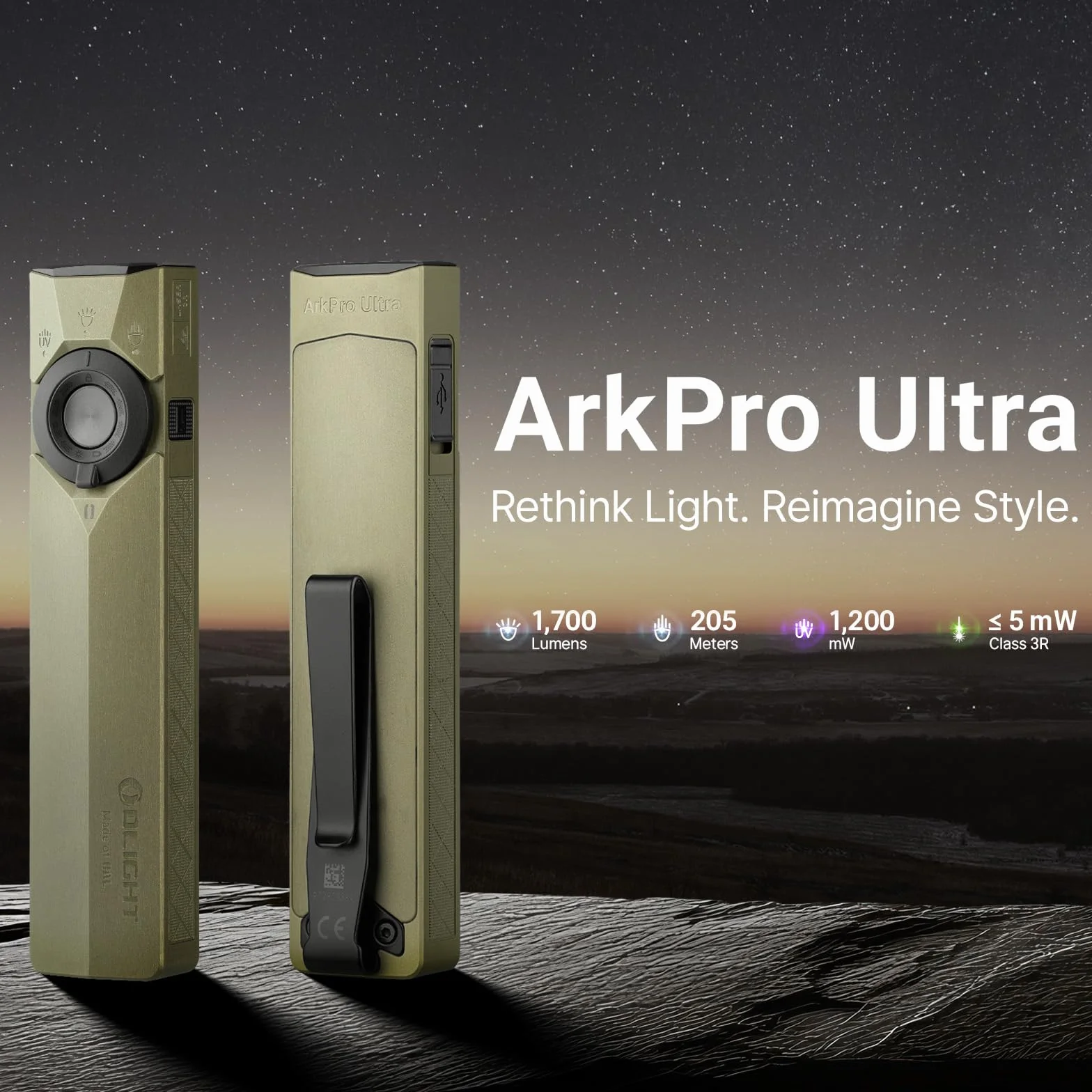 OLIGHT ArkPro Ultra Latarka UV Zielone Światło 1700 lumenów USB-C Wodoodporna IPX7 Zielony