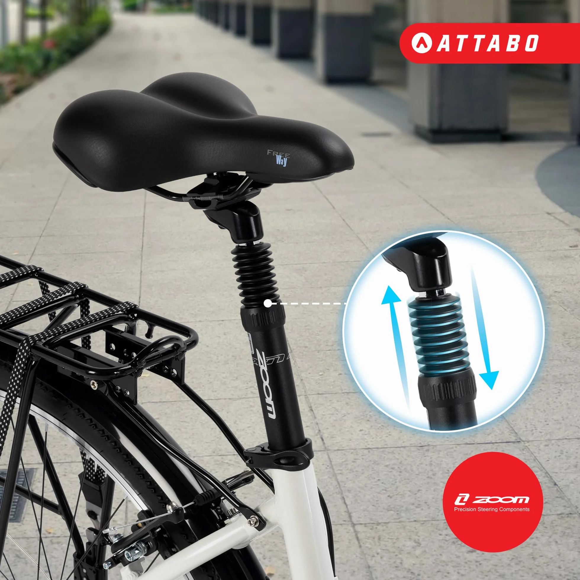 ATTABO Rower trekkingowy damski z ramą 17"-19", ergonomiczna kierownica, hamulce V-Brake, wytrzymały, biały rower z kołami 28", z niskim bagażnikiem, dzwonek rowerowy i odblaskami