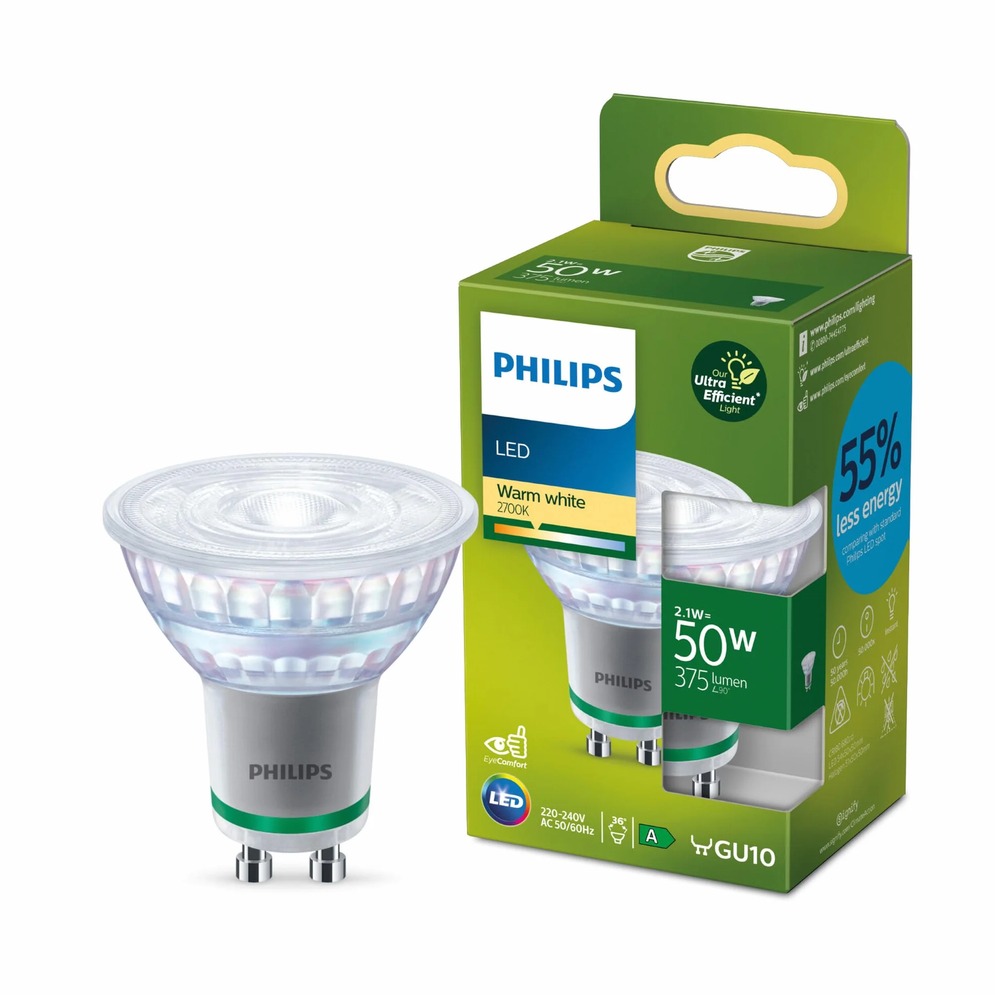 Philips Żarówka Ultra Efficient LED Classic 50 W GU10 WW 36D ND UE SRT4