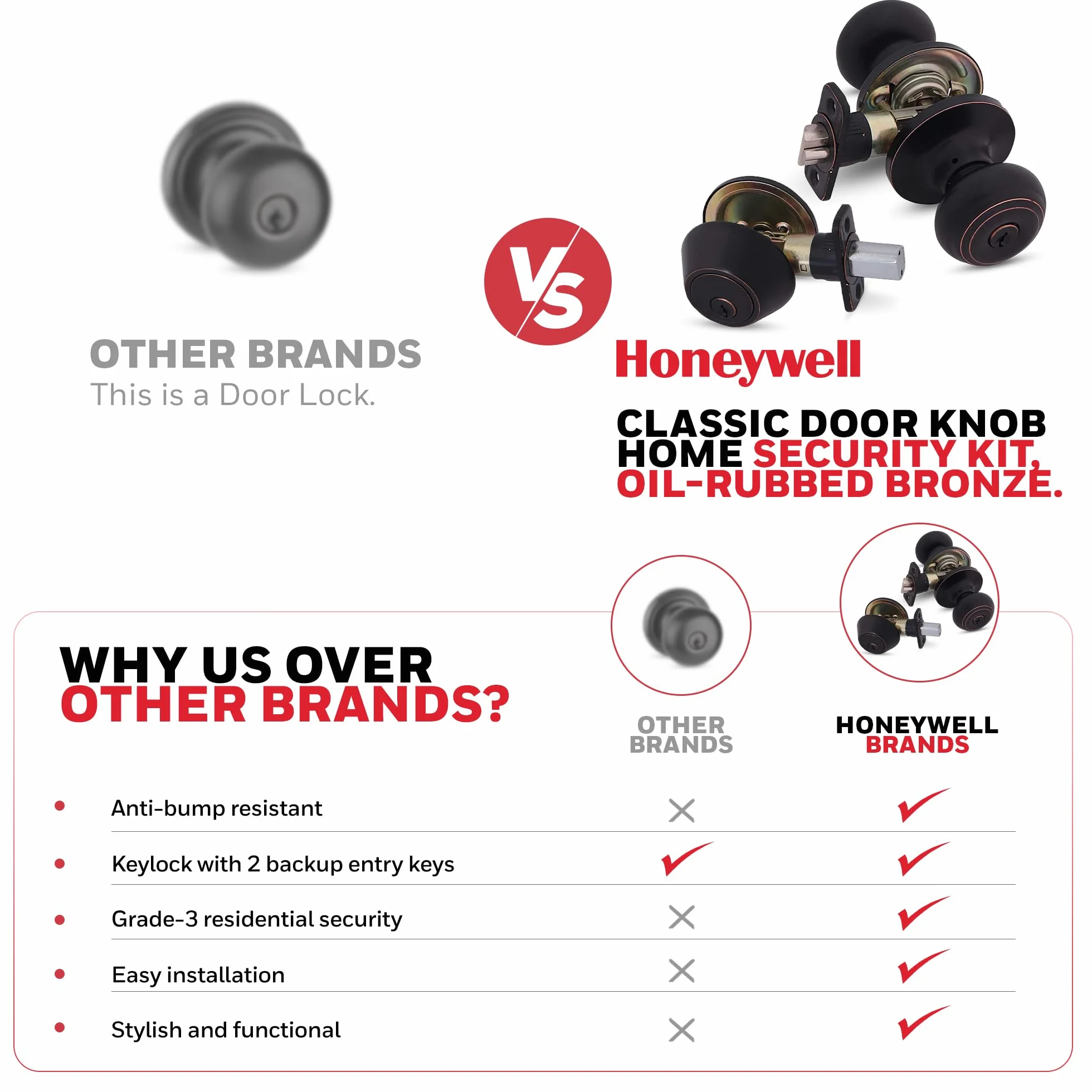 Honeywell Klasyczna gałka do drzwi wejściowych zamek zasuwowy brąz olejowany 2-pak