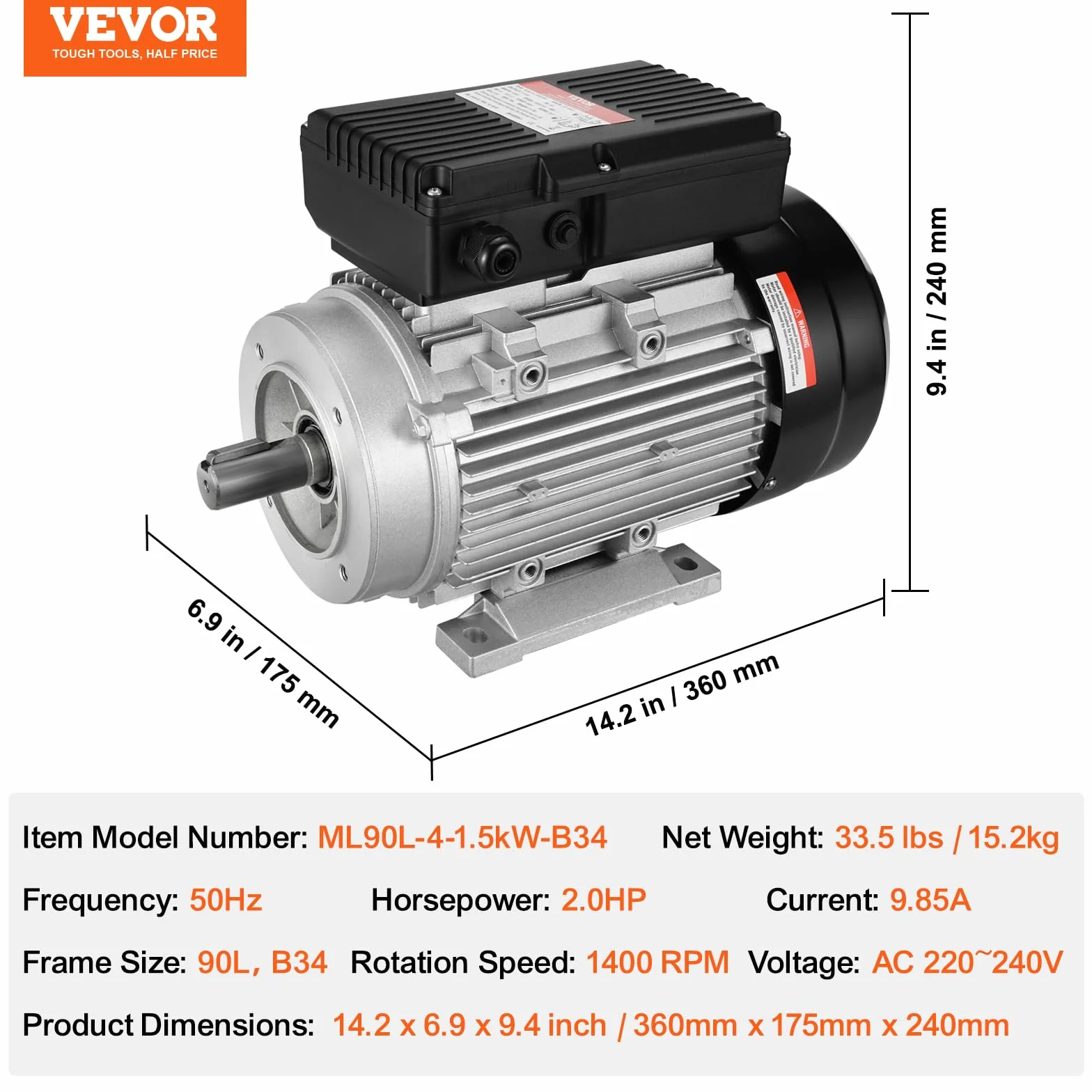 VEVOR Silnik elektryczny 1,5 kW jednofazowy 1400 obr/min AC 220-240 V rama 90L B34 wał sześciokątny 24 mm