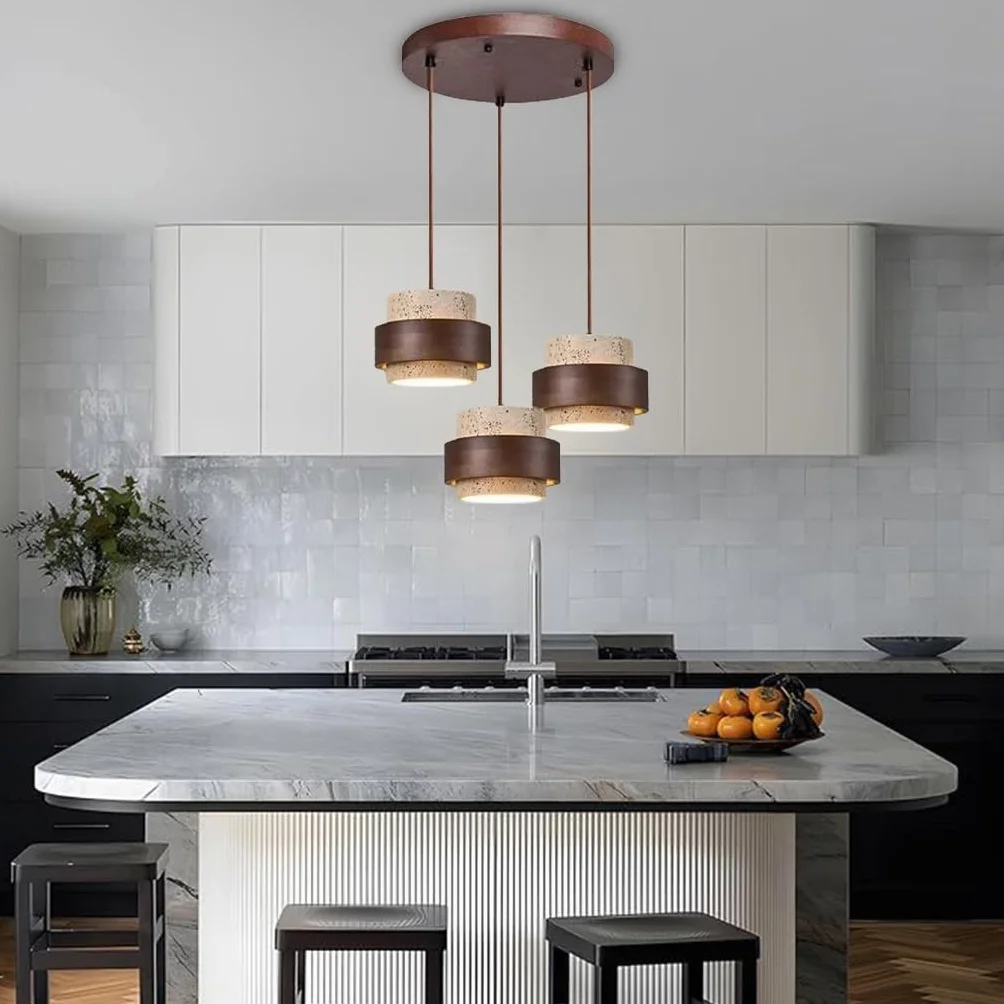 Wisząca Lampa z Naturalnego Kamienia Trawertyn Cylindryczna W Stylu Wabi Sabi Regulowana do Kuchni
