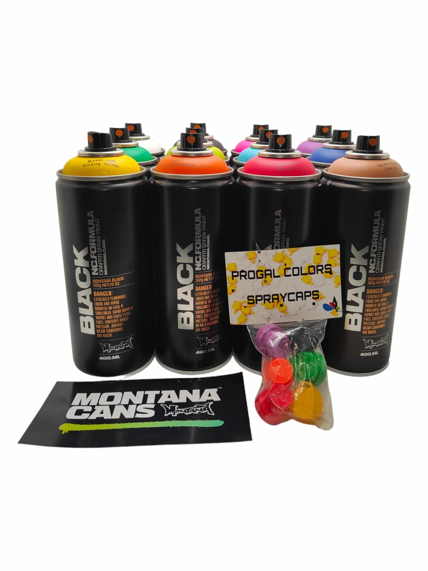 Montana Black 400 ml farba w sprayu zestaw 12 sztuk + 6 głowic natryskowych graffiti