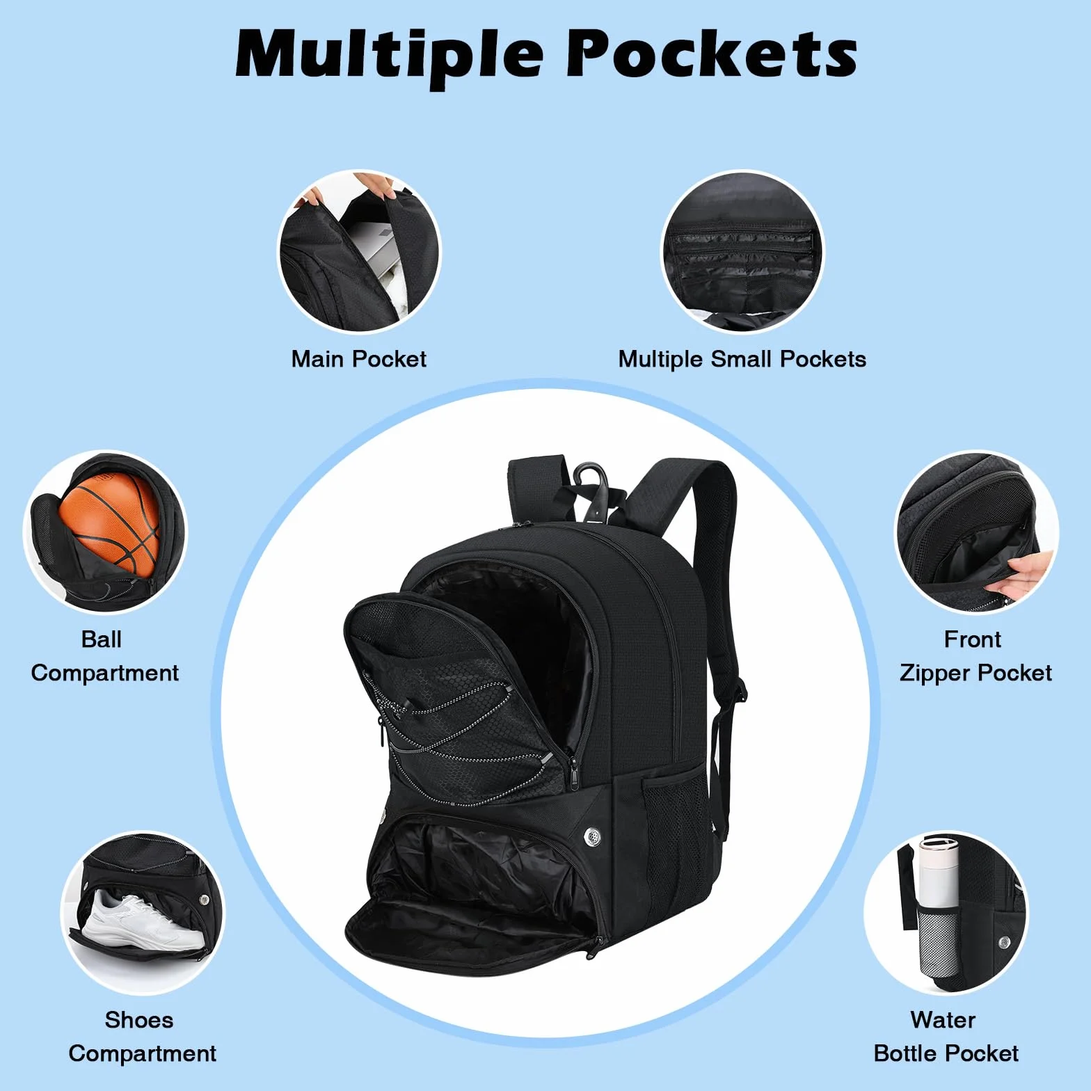 MoKo Basketball Bag Backpack, Football Backpack with Separate Ventilated Shoes & Ball Compartments, Water-Resistant, Black, 18.90 x 13.39 x 8.27 inches